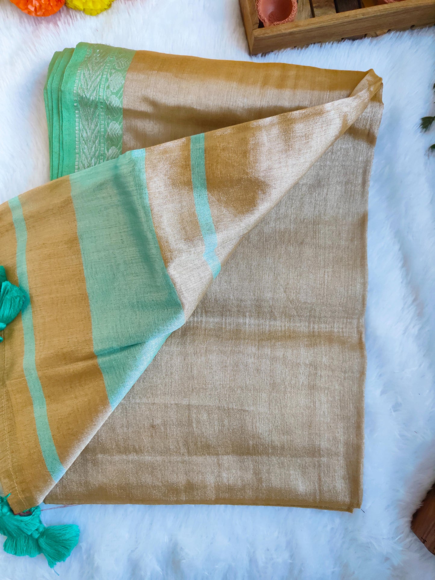 PISTA GOLD BORDER COTTON TISSUE SAREE