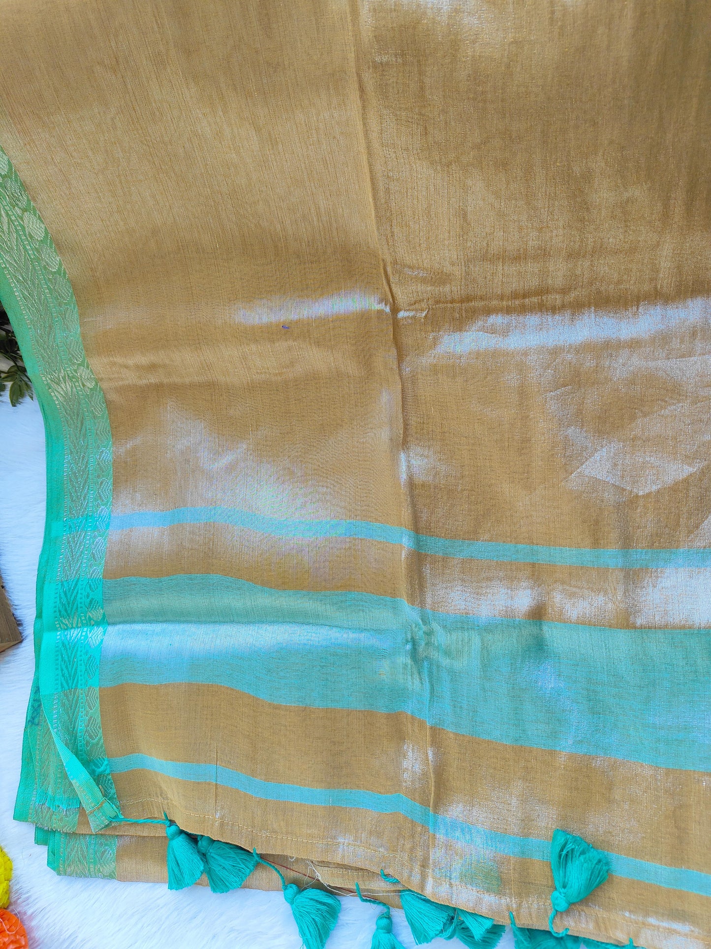 PISTA GOLD BORDER COTTON TISSUE SAREE