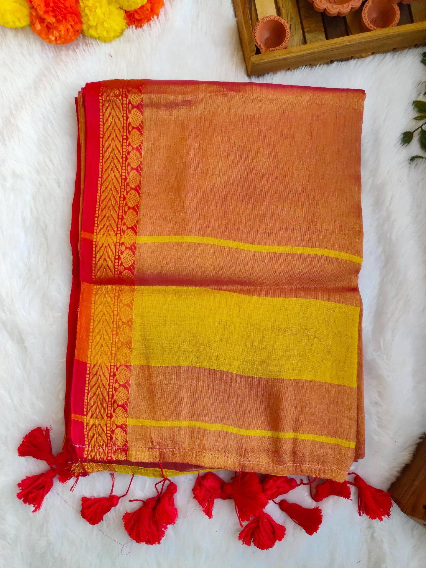 ORANGE BORDER COTTON TISSUE SAREE