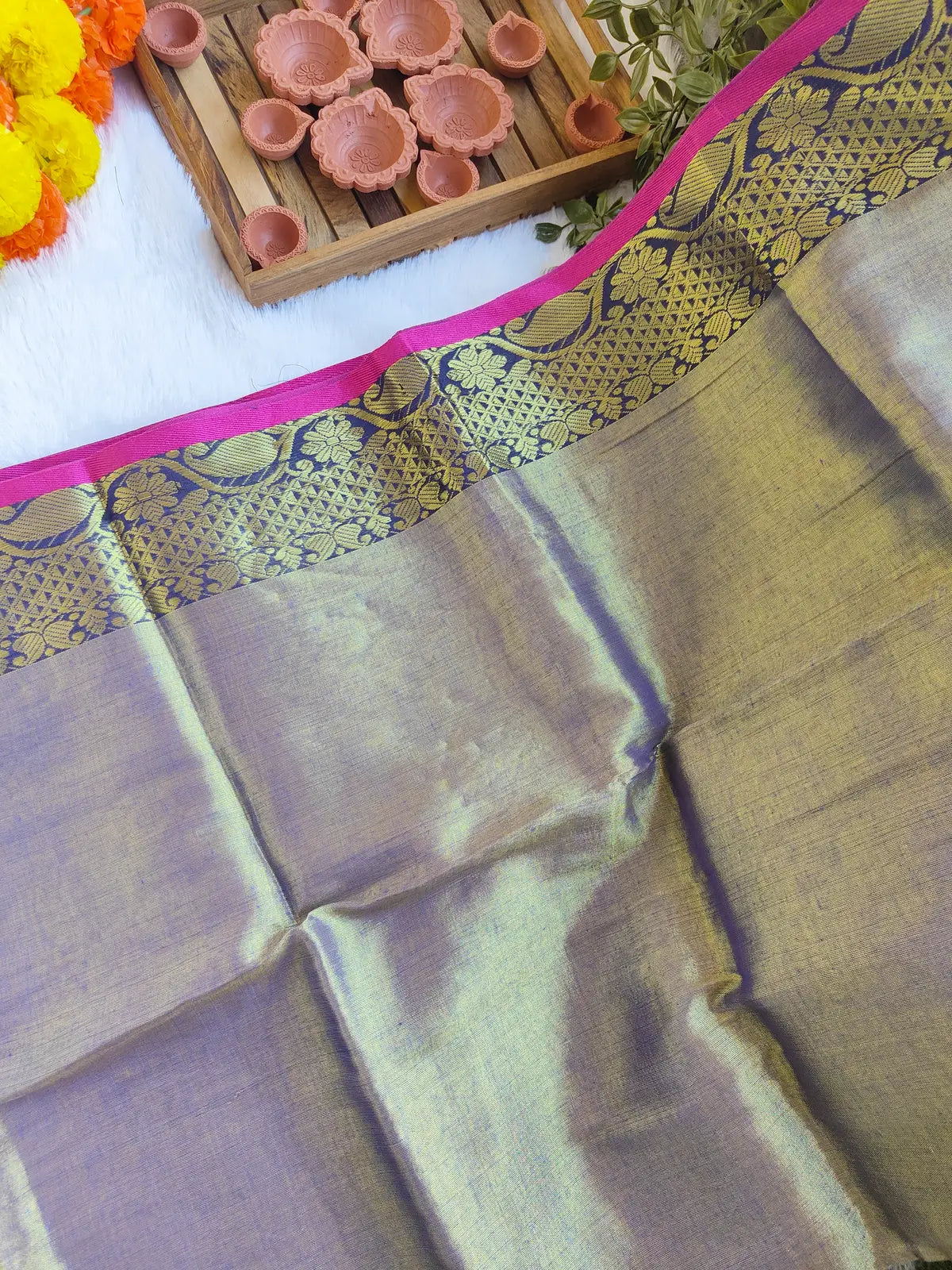 GOLDEN PINK BORDER COTTON TISSUE SAREE