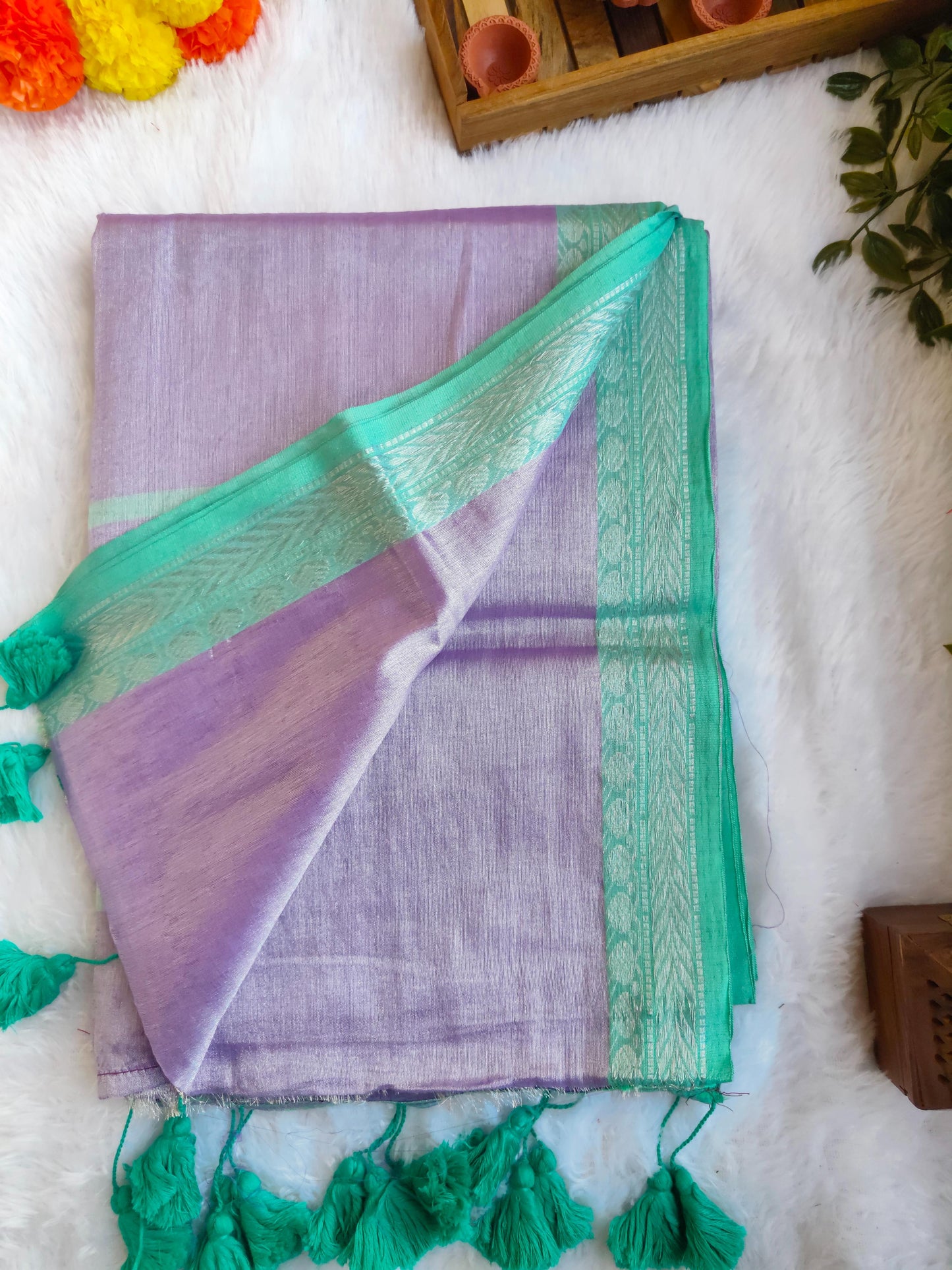 LAVENDER AND GREEN COTTON TISSUE SAREE