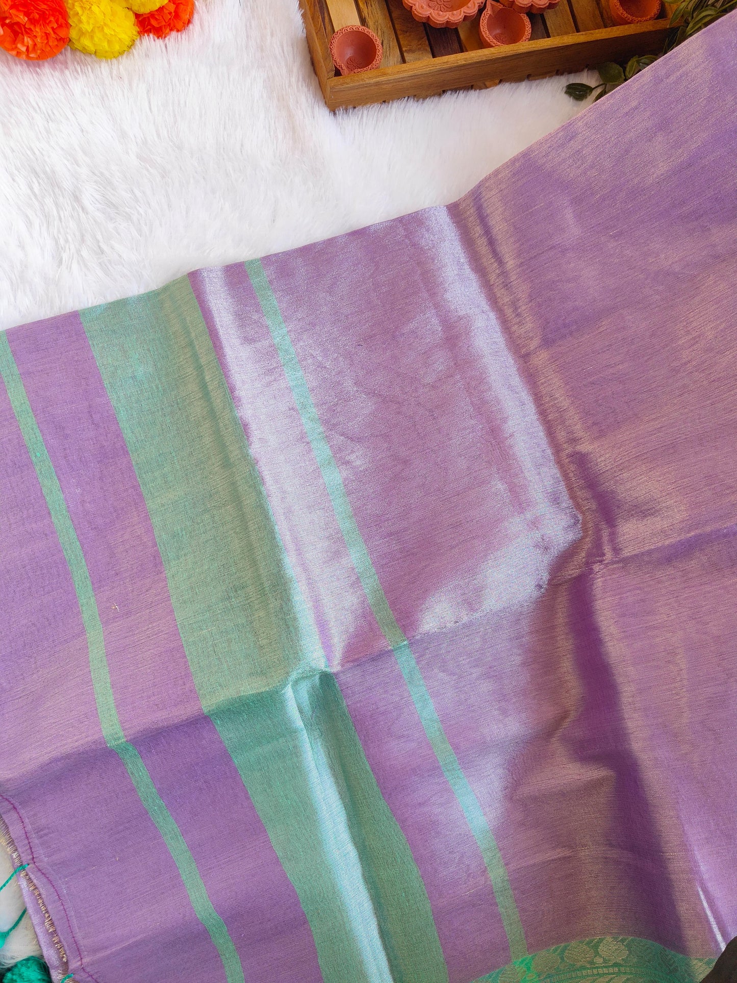 LAVENDER AND GREEN COTTON TISSUE SAREE
