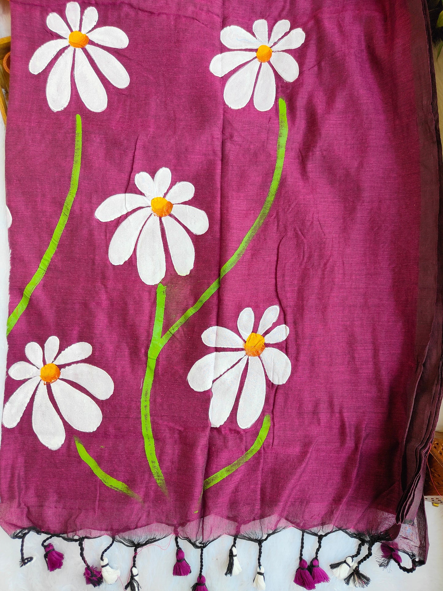 MAGENTA FLORAL HAND PAINTED MUL COTTON SAREE