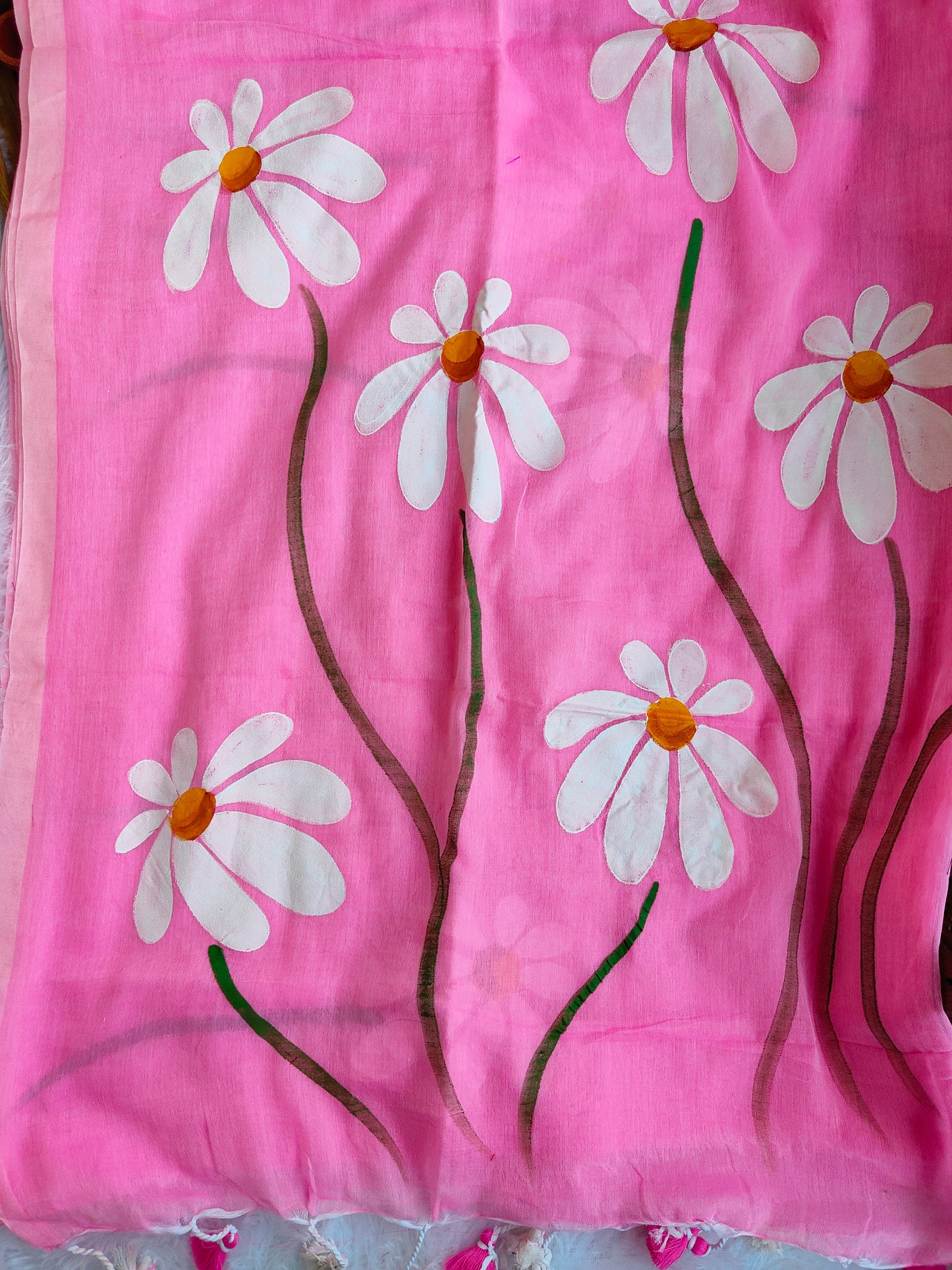 BABY PINK FLORAL HAND PAINTED MUL COTTON SAREE