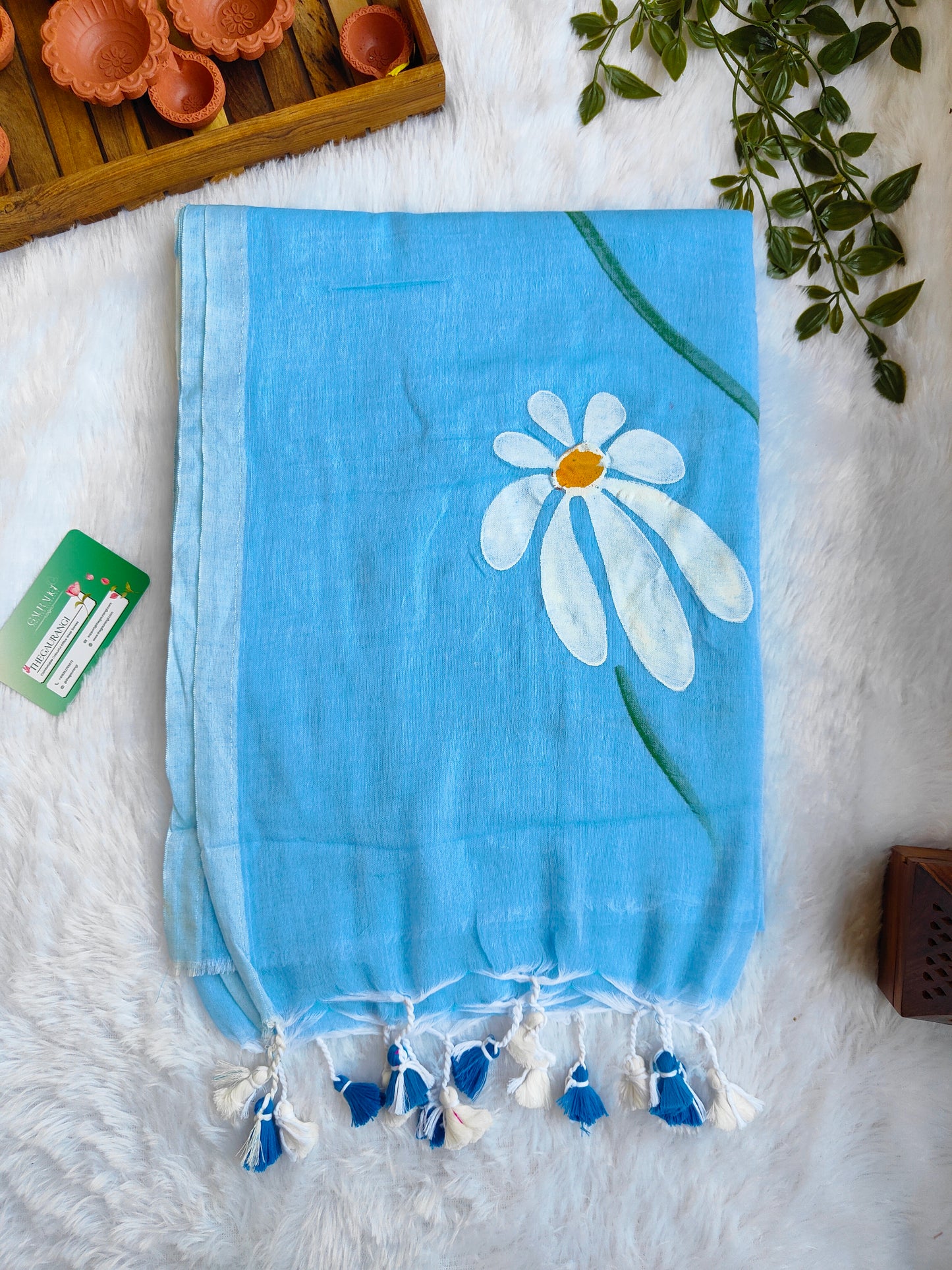 SKY BLUE FLORAL HAND PAINTED MUL COTTON SAREE