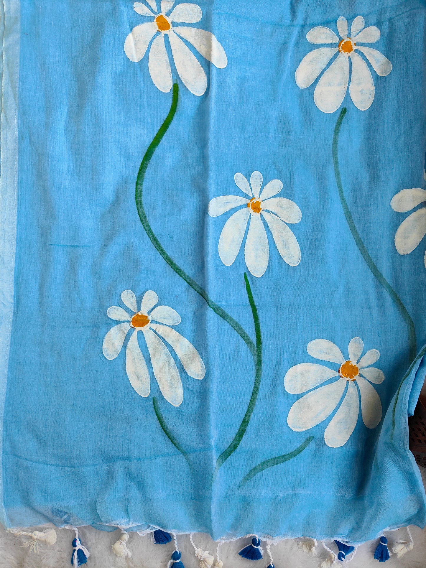 SKY BLUE FLORAL HAND PAINTED MUL COTTON SAREE