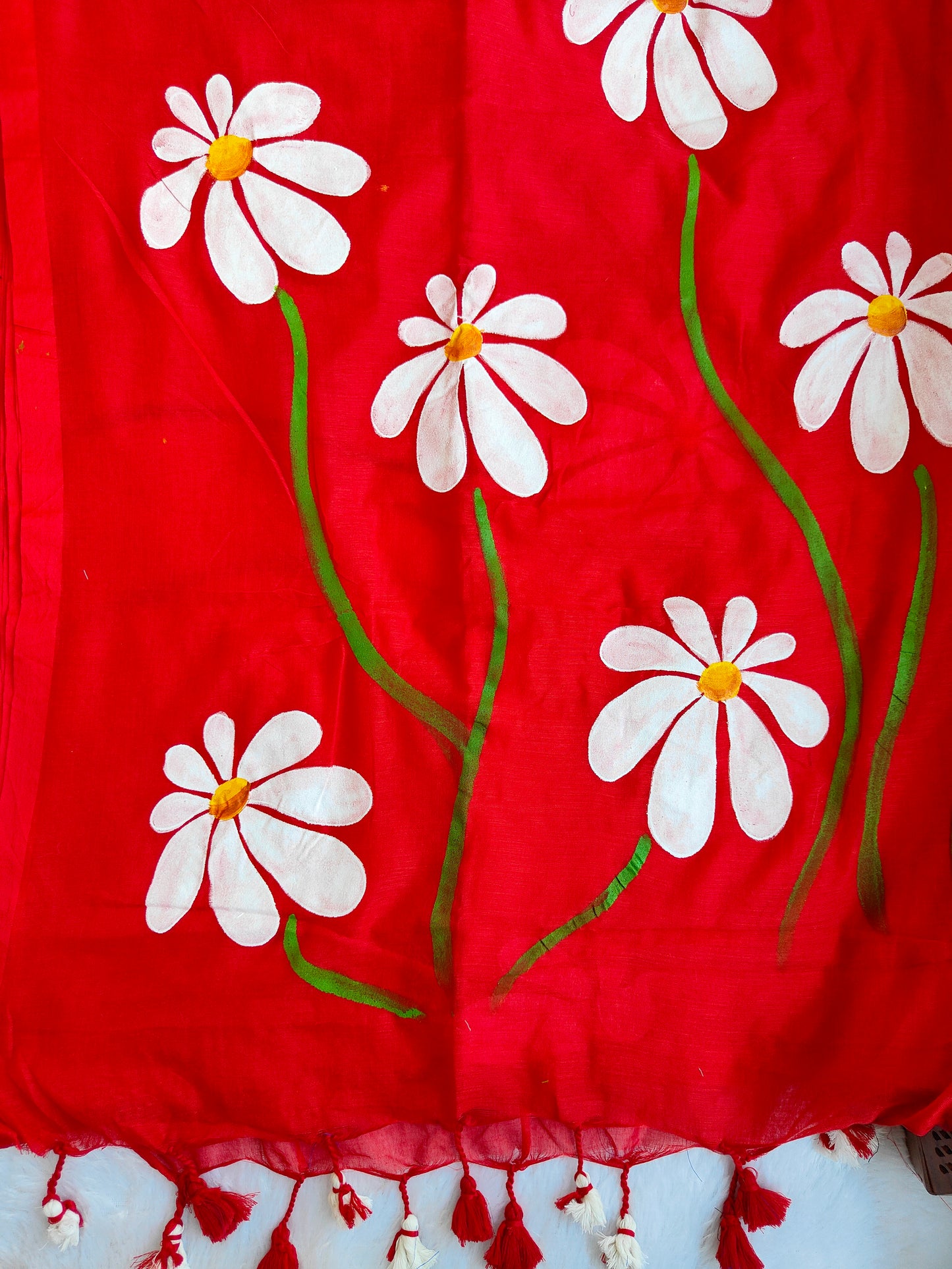 RED FLORAL HAND PAINTED MUL COTTON SAREE