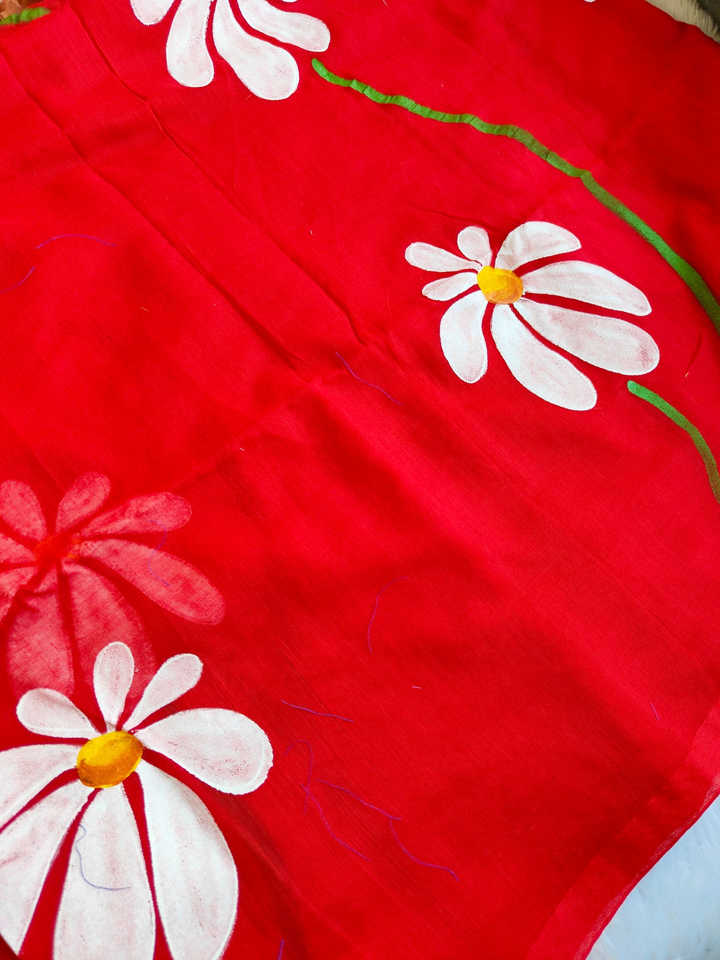RED FLORAL HAND PAINTED MUL COTTON SAREE