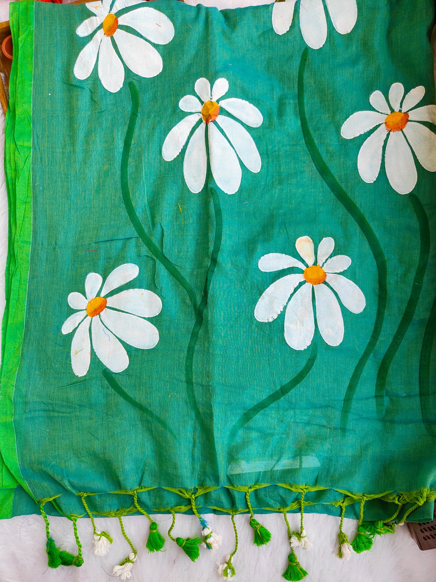TEAL GREEN FLORAL HAND PAINTED MUL COTTON SAREE