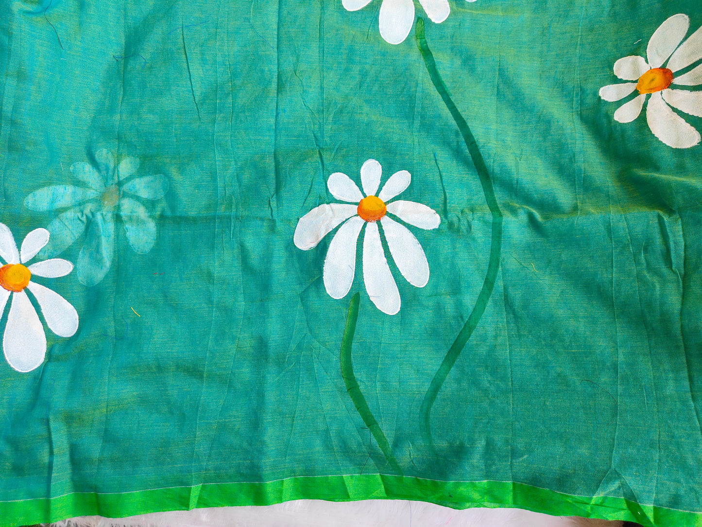 TEAL GREEN FLORAL HAND PAINTED MUL COTTON SAREE