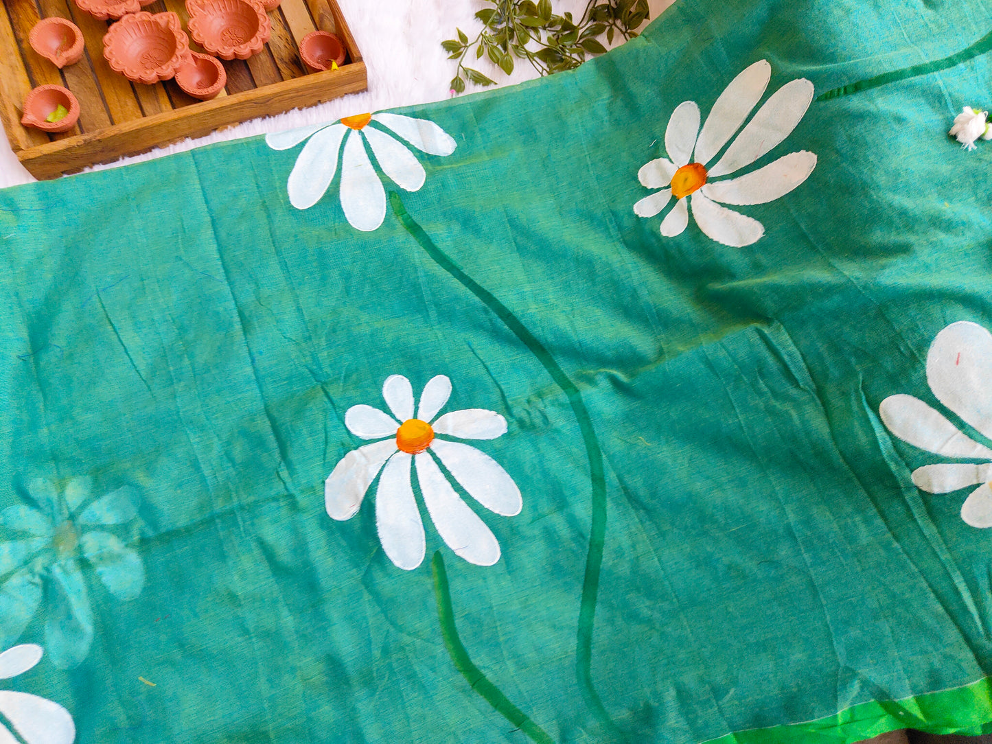TEAL GREEN FLORAL HAND PAINTED MUL COTTON SAREE