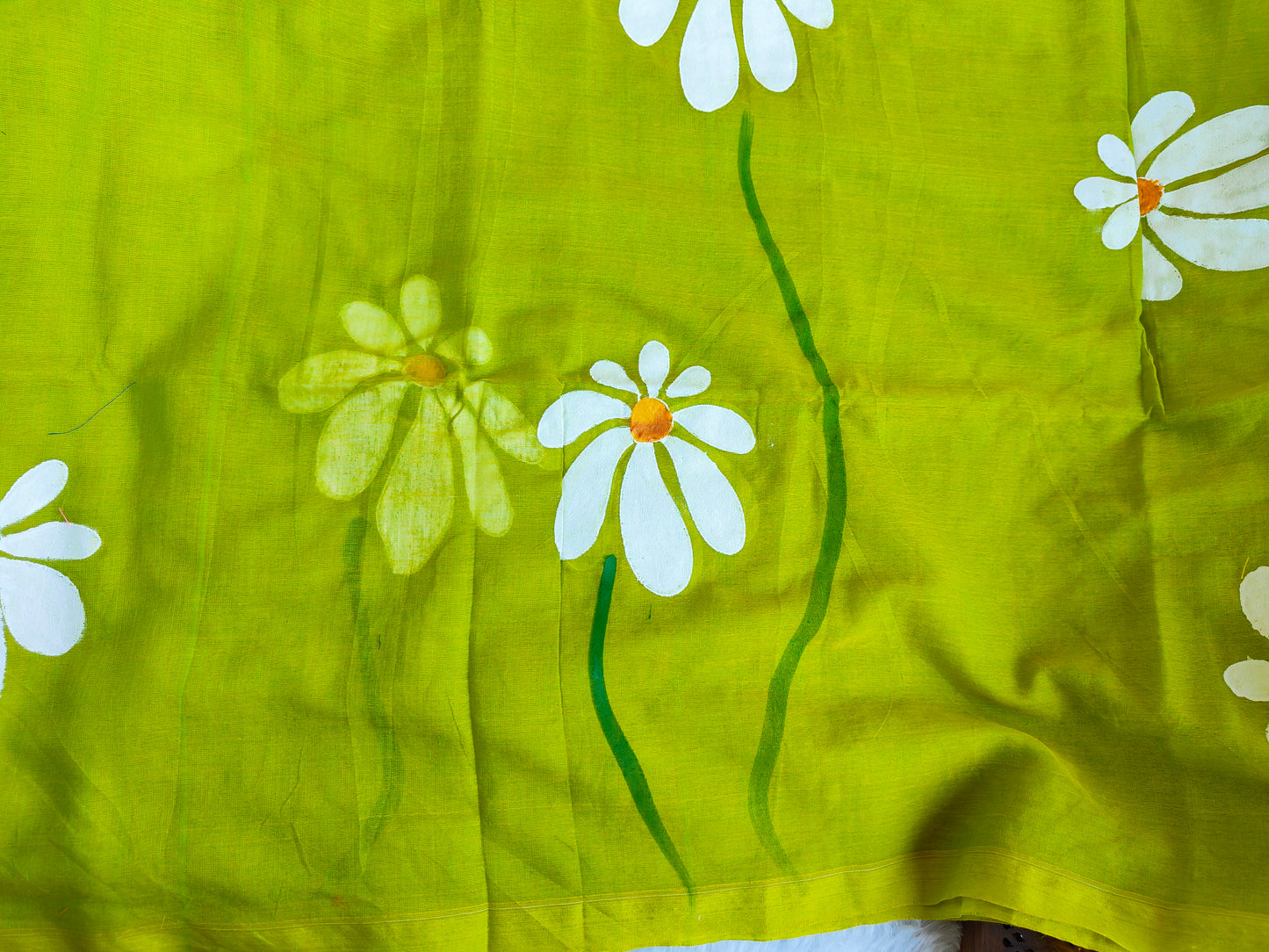 PARROT GREEN FLORAL HAND PAINTED MUL COTTON SAREE