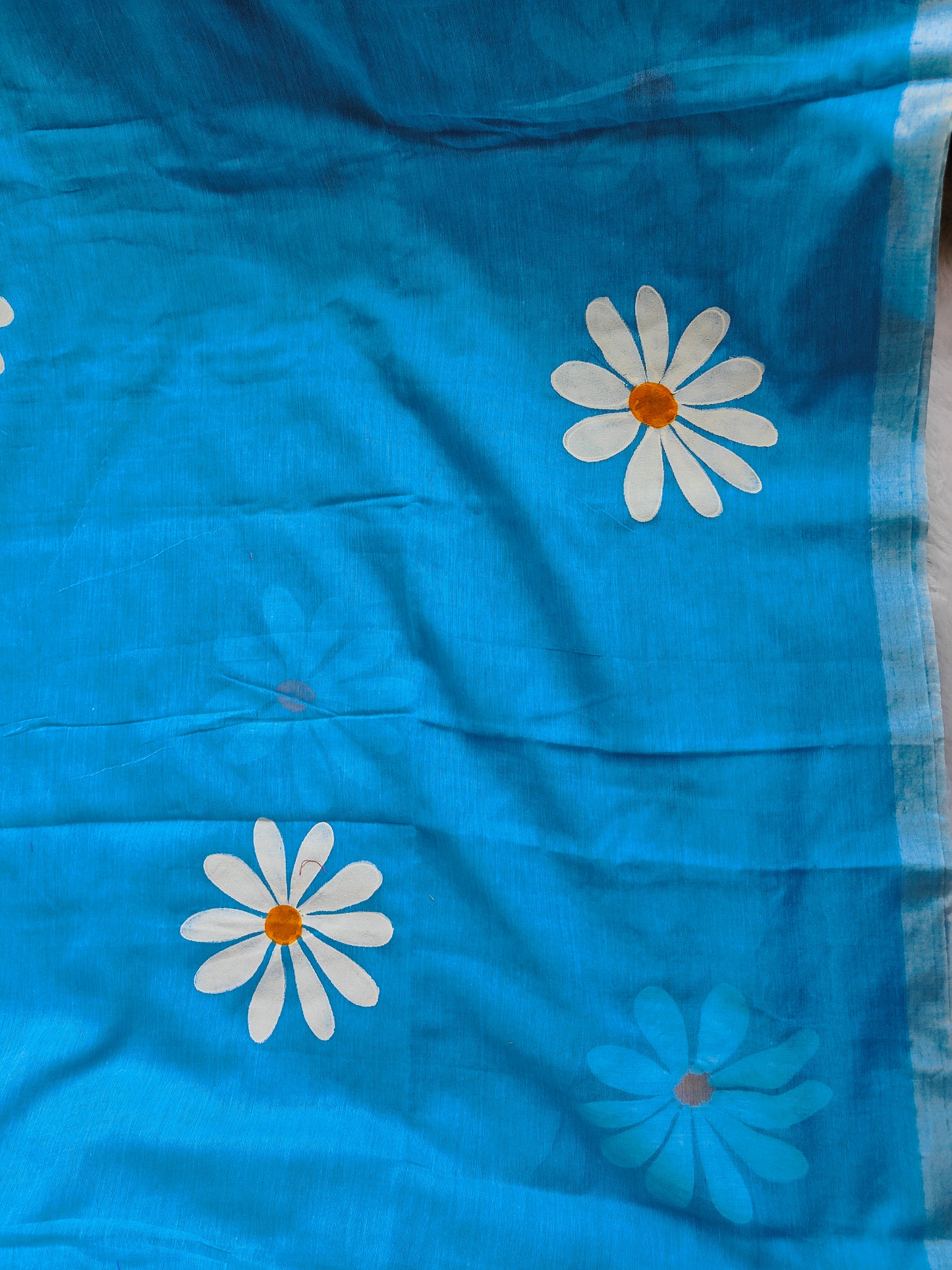 SKY BLUE FLORAL HAND PAINTED MUL COTTON SAREE