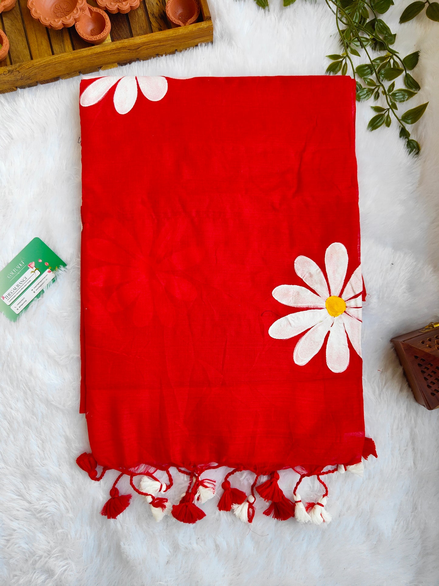 RED FLORAL HAND PAINTED MUL COTTON SAREE