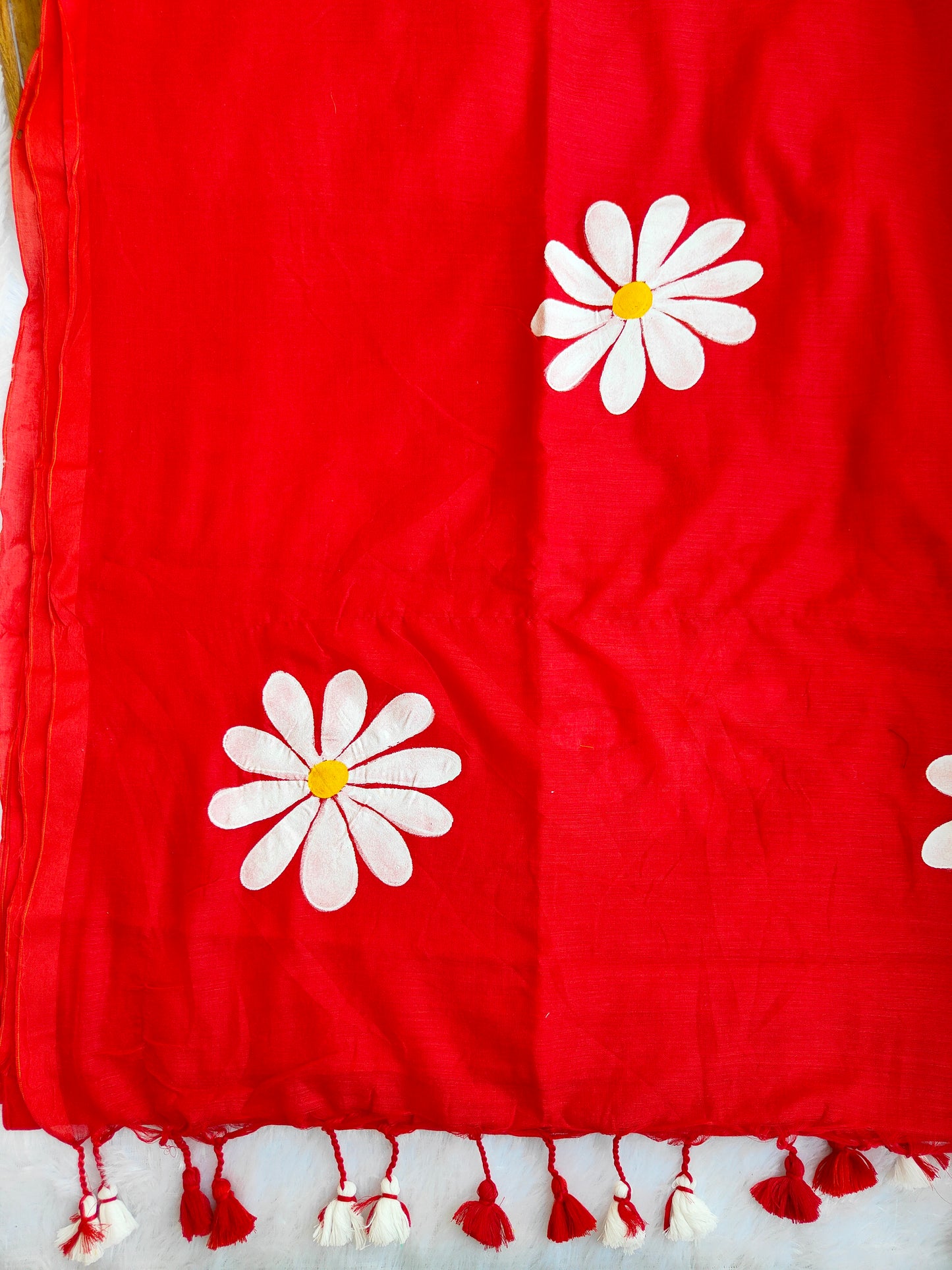 RED FLORAL HAND PAINTED MUL COTTON SAREE