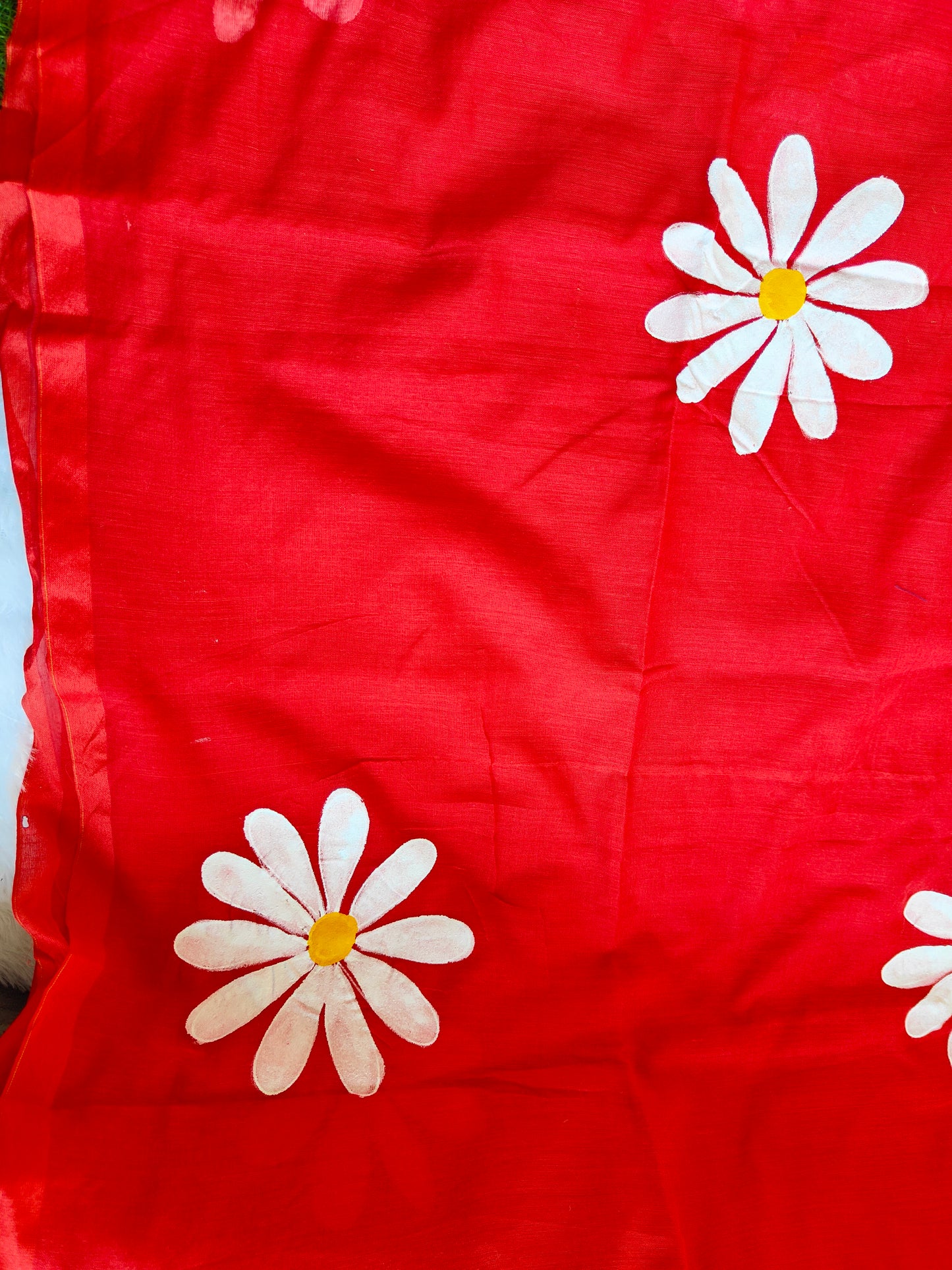 RED FLORAL HAND PAINTED MUL COTTON SAREE