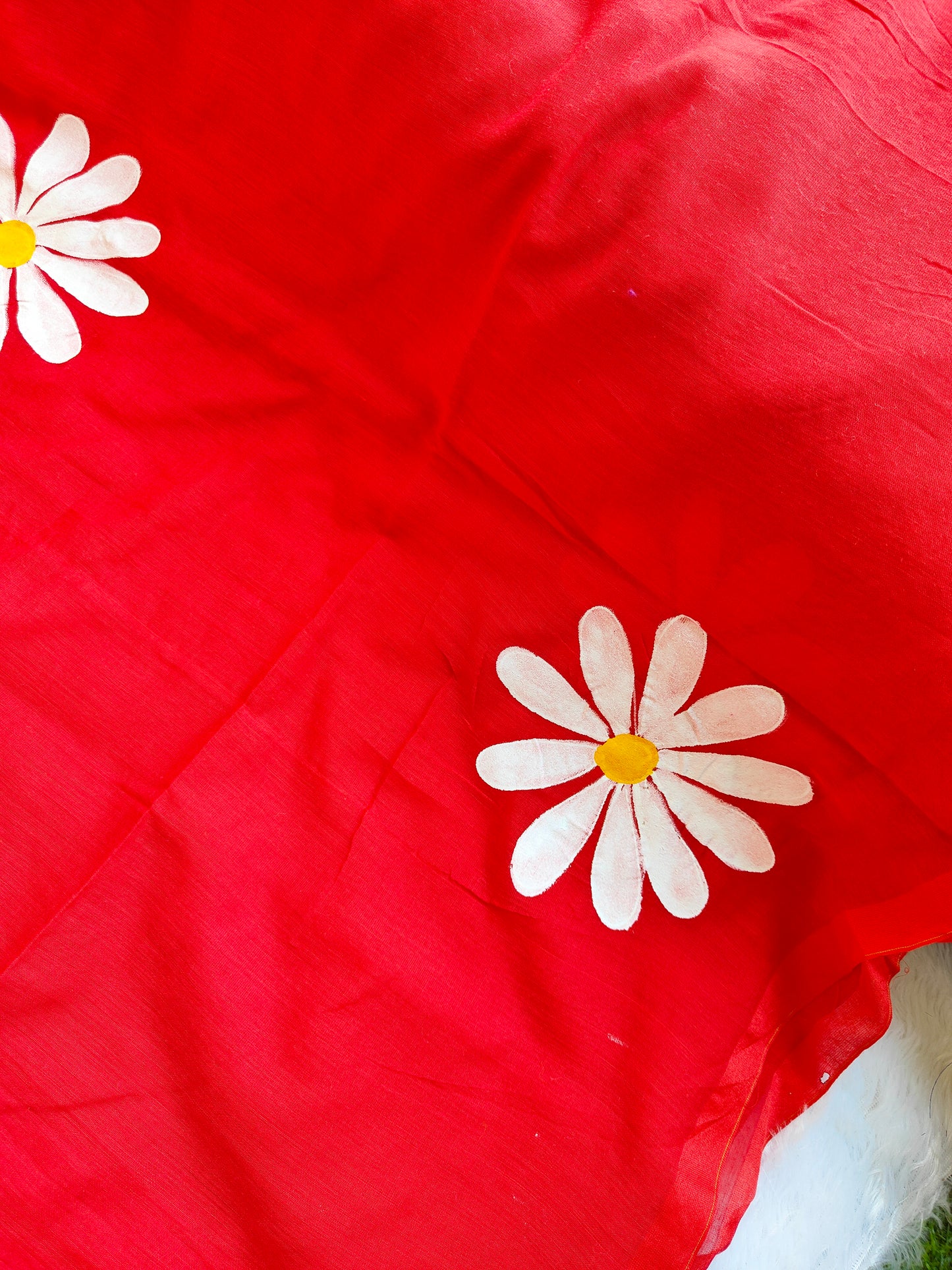 RED FLORAL HAND PAINTED MUL COTTON SAREE