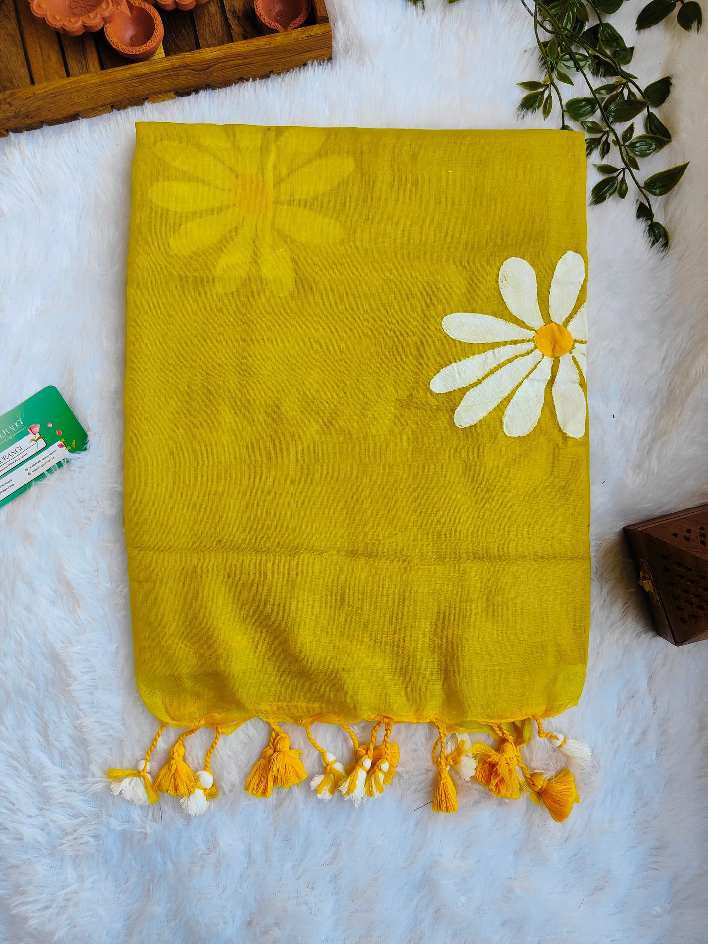 LEMON YELLOW FLORAL HAND PAINTED MUL COTTON SAREE