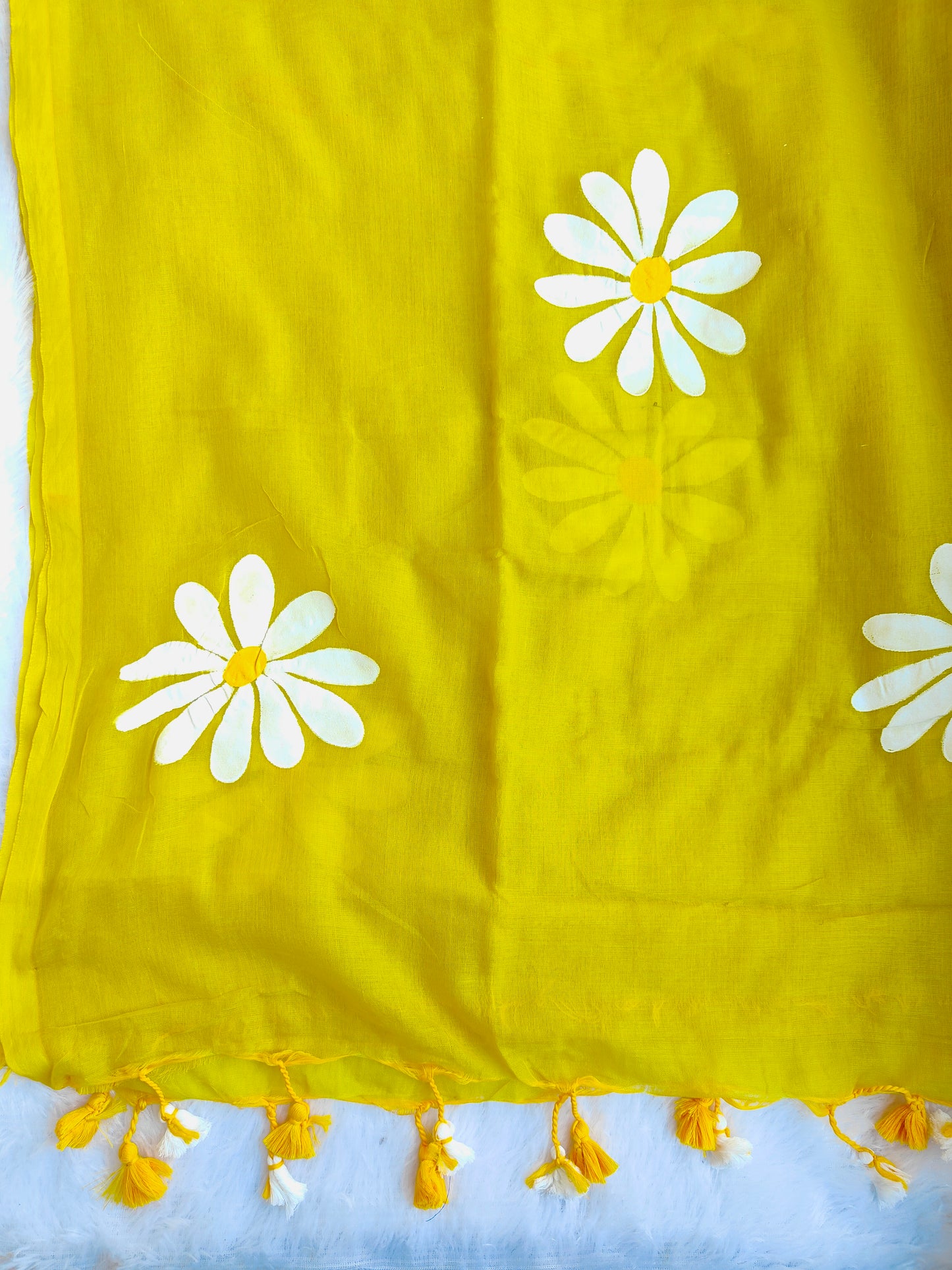 LEMON YELLOW FLORAL HAND PAINTED MUL COTTON SAREE