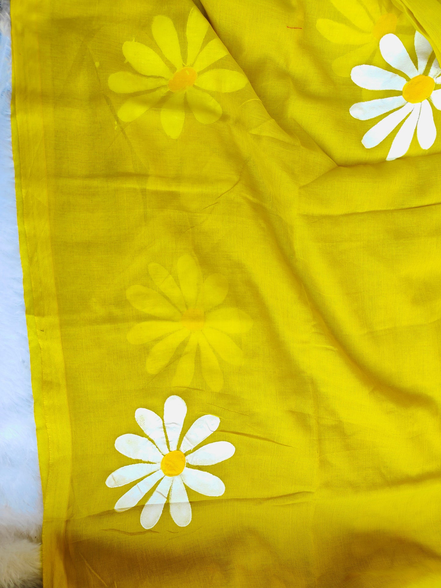 LEMON YELLOW FLORAL HAND PAINTED MUL COTTON SAREE