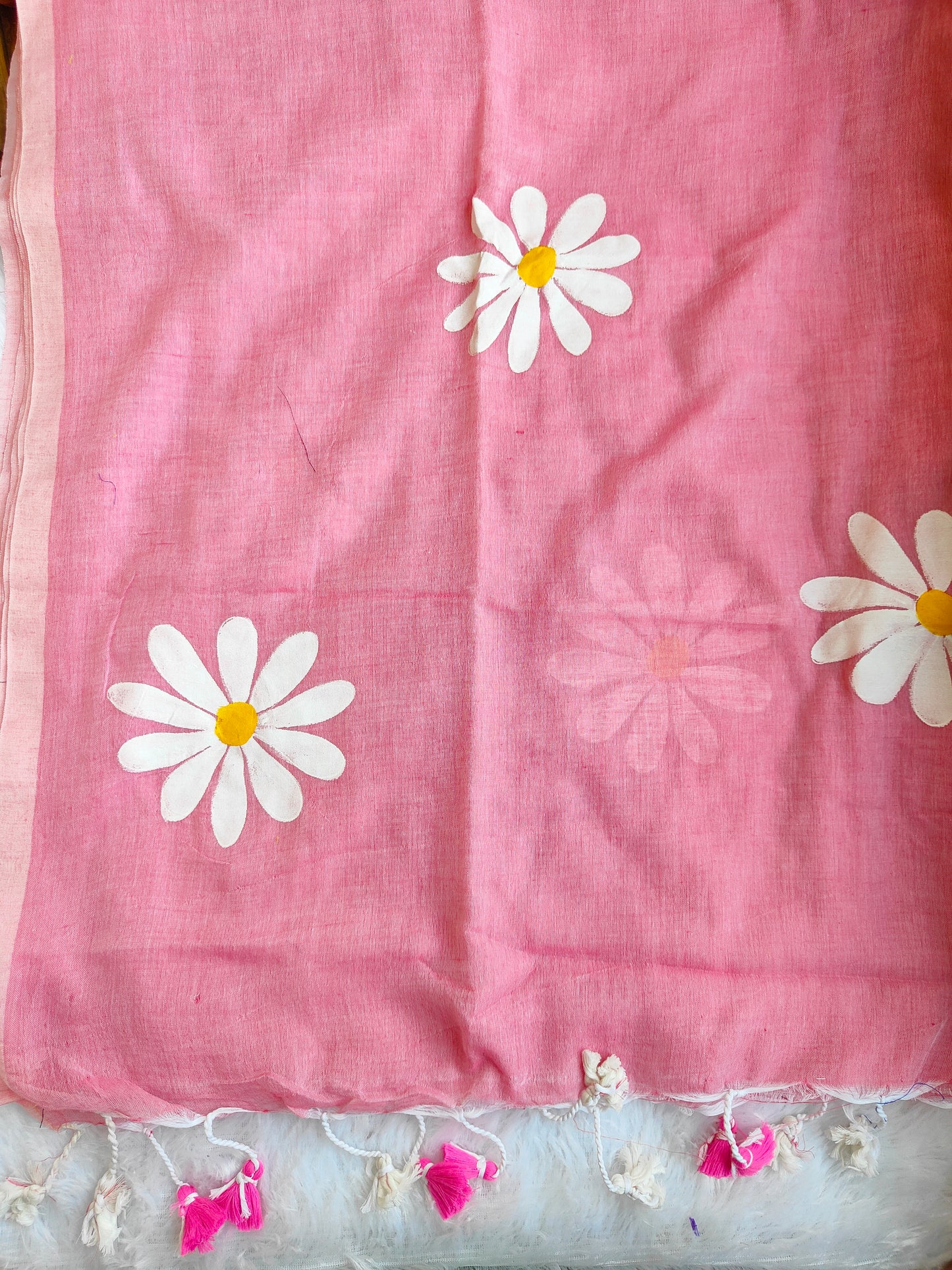 BABY PINK FLORAL HAND PAINTED MUL COTTON SAREE