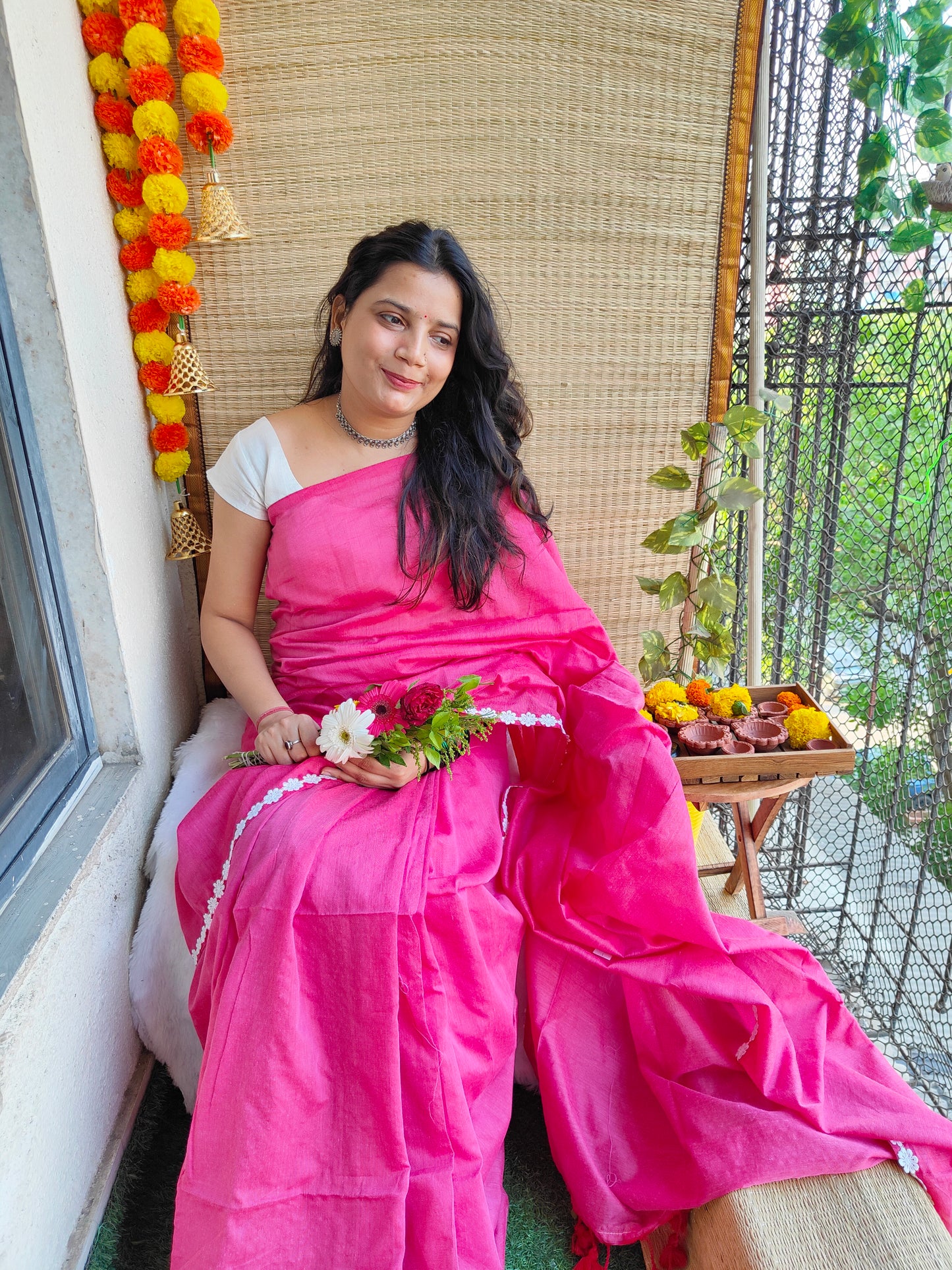 PINK LACE KHADI COTTON SAREE