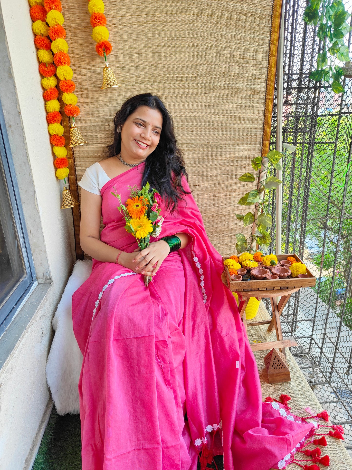 PINK LACE KHADI COTTON SAREE