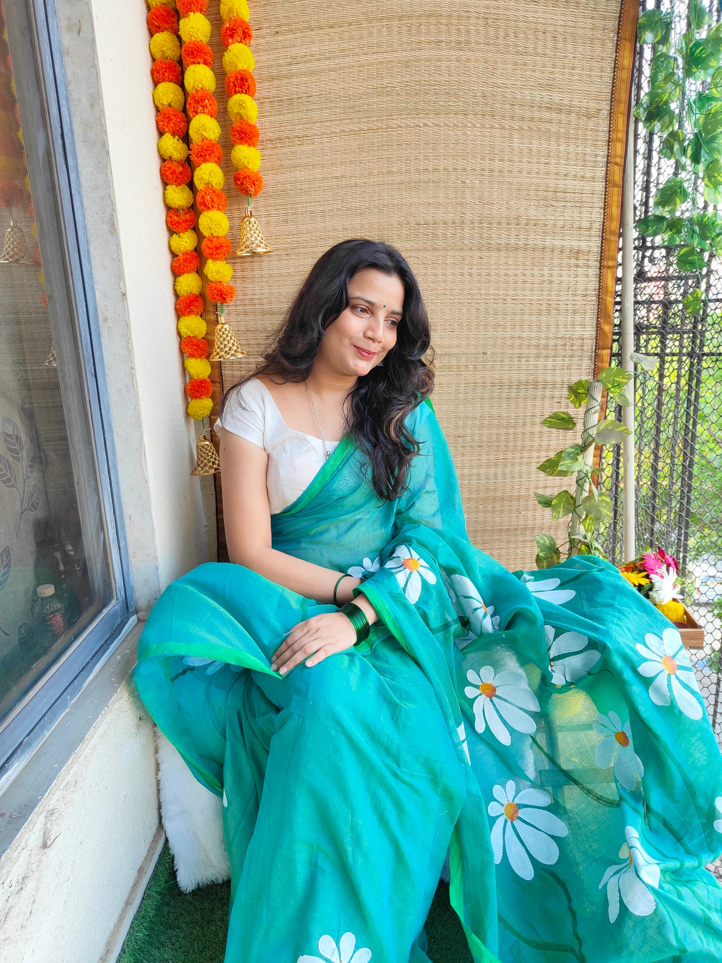 TEAL GREEN FLORAL HAND PAINTED MUL COTTON SAREE