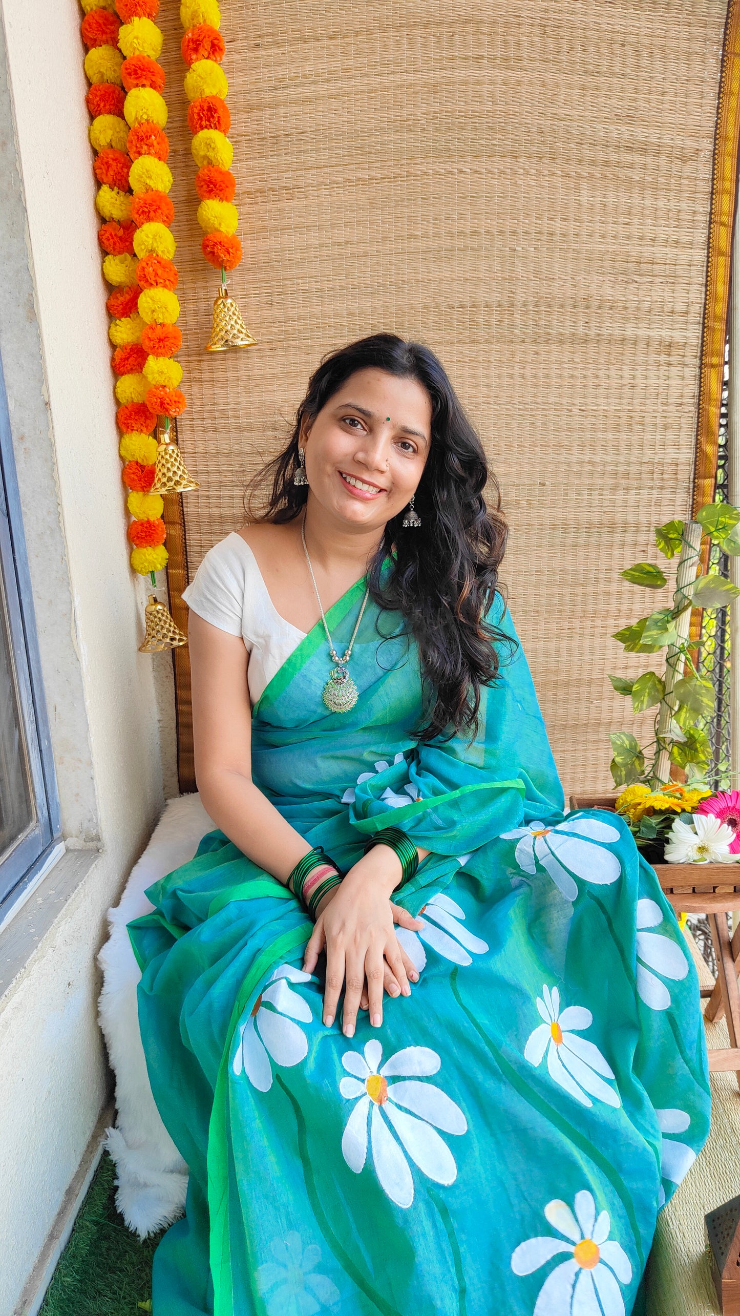 TEAL GREEN FLORAL HAND PAINTED MUL COTTON SAREE