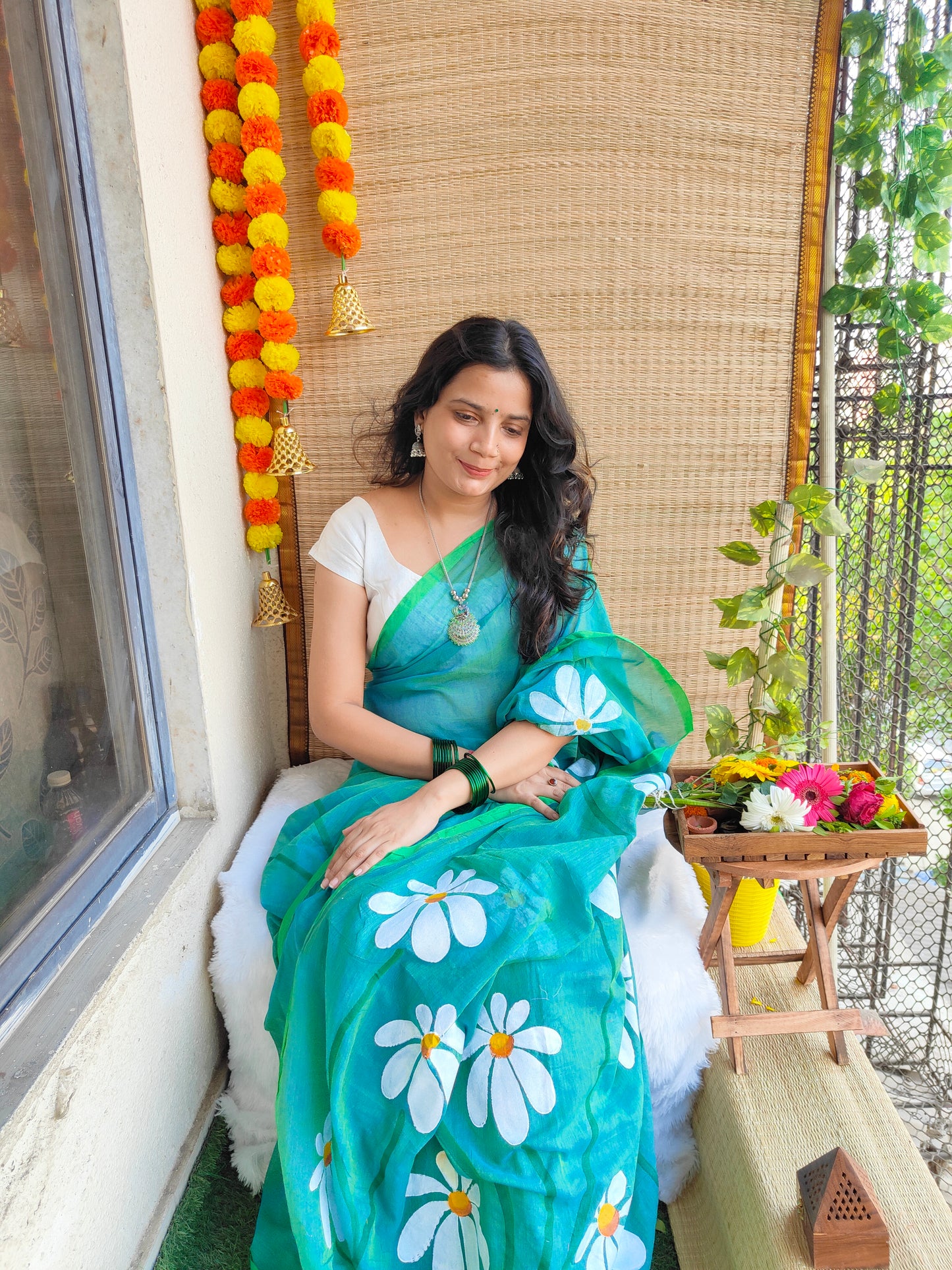 TEAL GREEN FLORAL HAND PAINTED MUL COTTON SAREE
