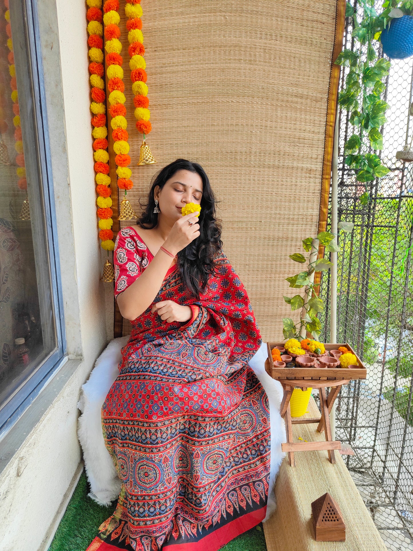RED AJRAKH CHANDERI COTTON SAREE