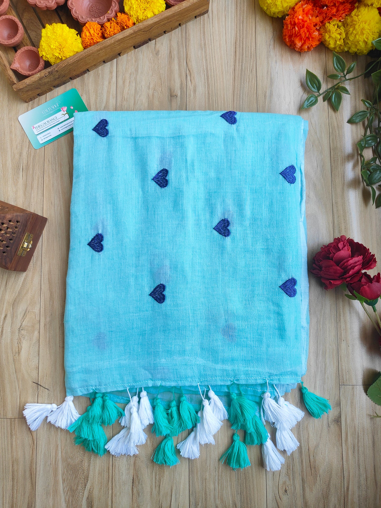 TORQUOISE BLUE HEART MUL COTTON SAREE