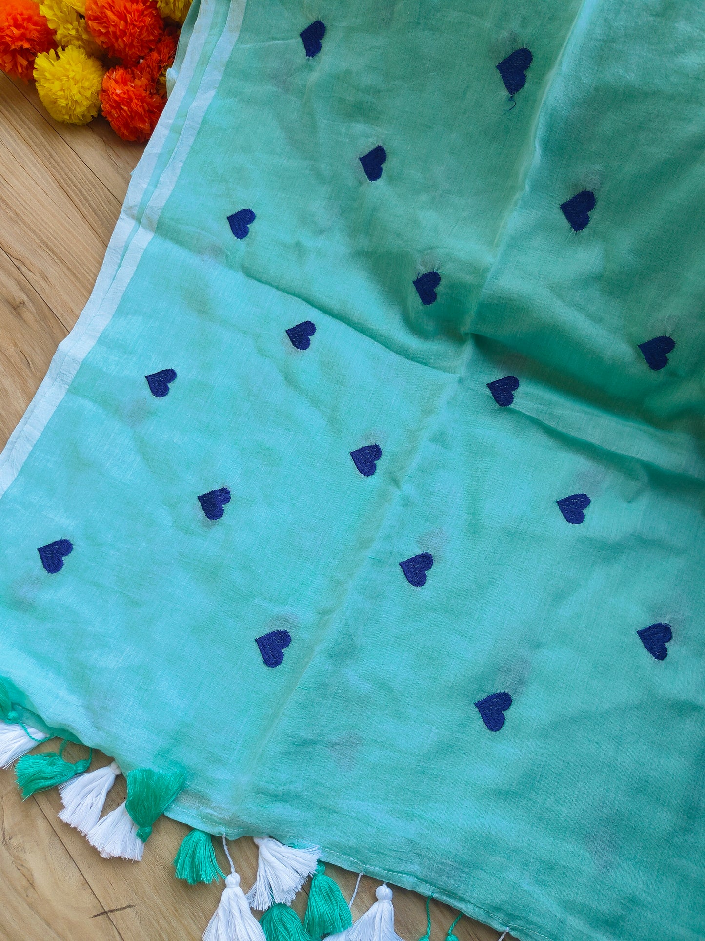 TORQUOISE BLUE HEART MUL COTTON SAREE