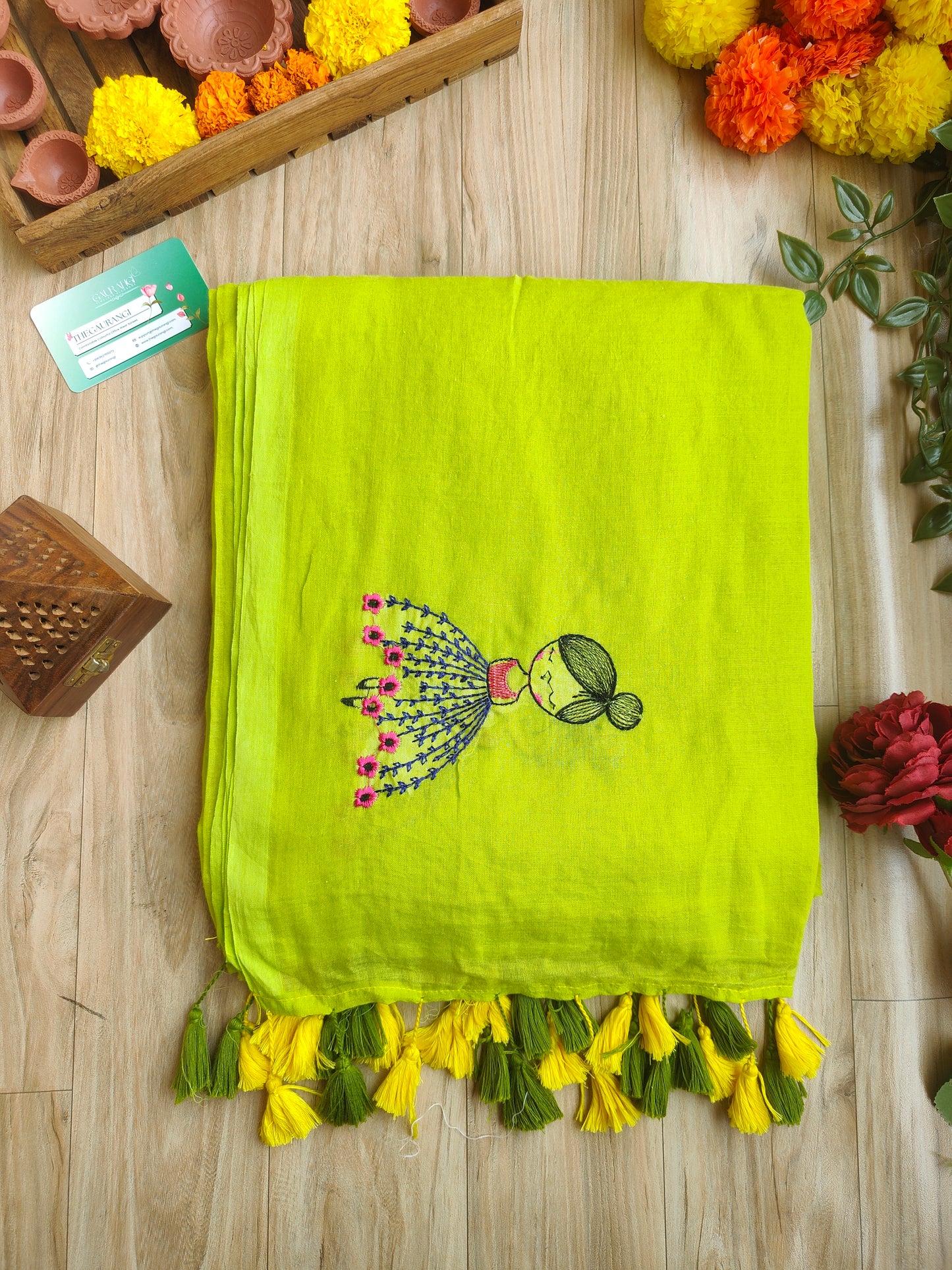 PARROT GREEN DOLL EMBROIDERED MUL COTTON SAREE