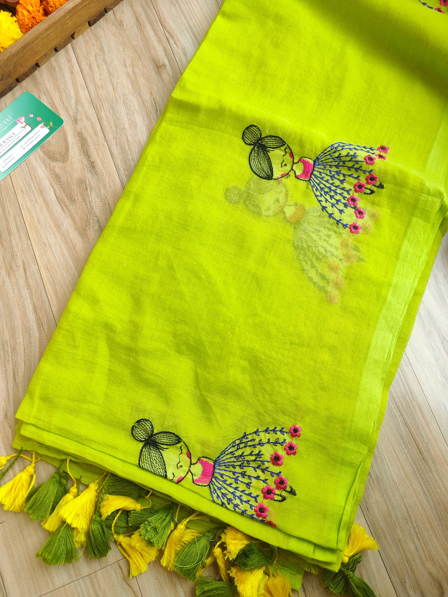 PARROT GREEN DOLL EMBROIDERED MUL COTTON SAREE