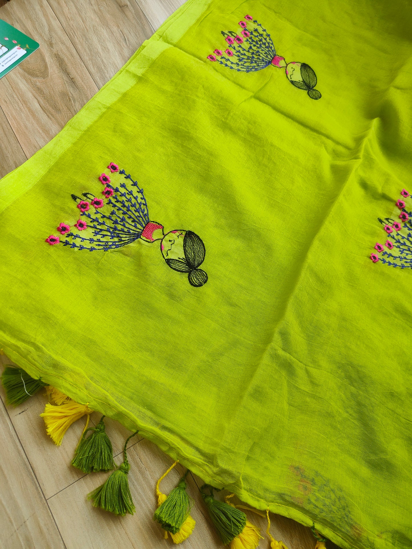PARROT GREEN DOLL EMBROIDERED MUL COTTON SAREE