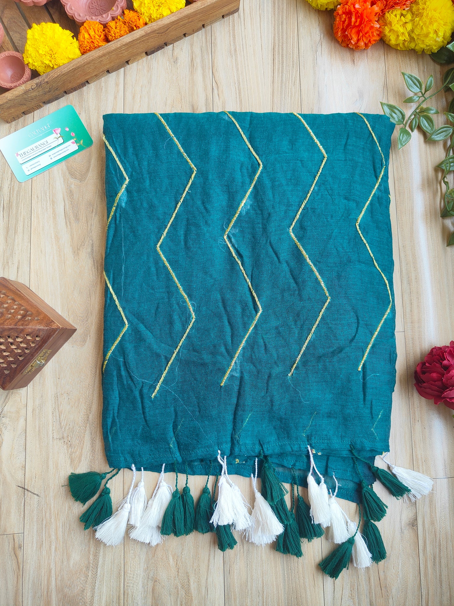 TEAL GREEN ZIG ZAG MUL COTTON SAREE