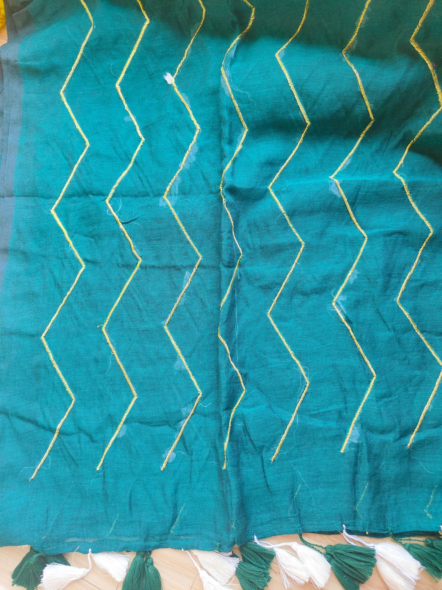TEAL GREEN ZIG ZAG MUL COTTON SAREE