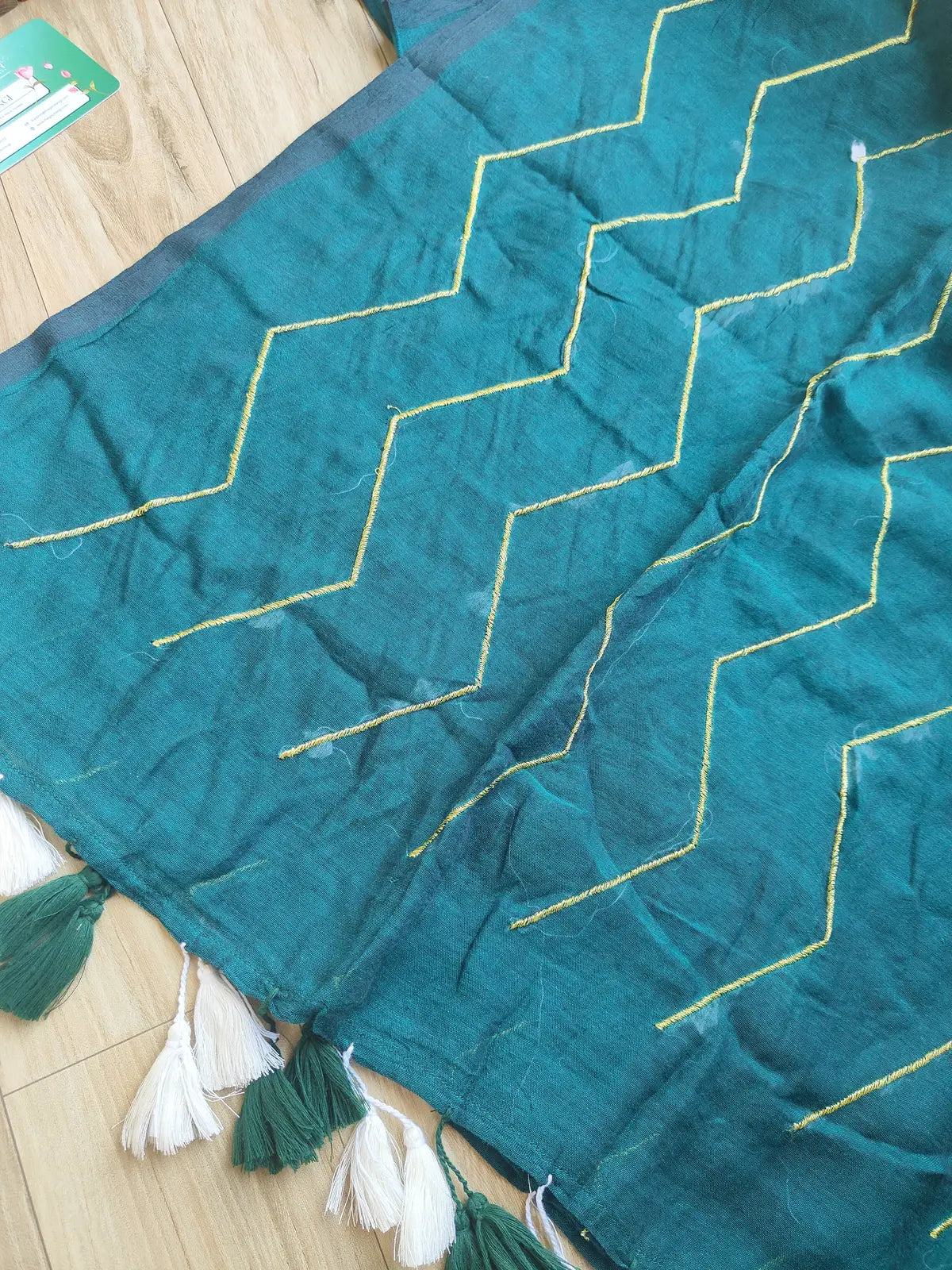 TEAL GREEN ZIG ZAG MUL COTTON SAREE