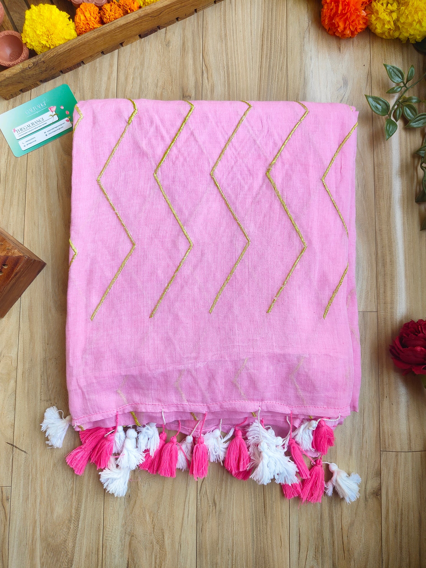 BABY PINK ZIG ZAG MUL COTTON SAREE