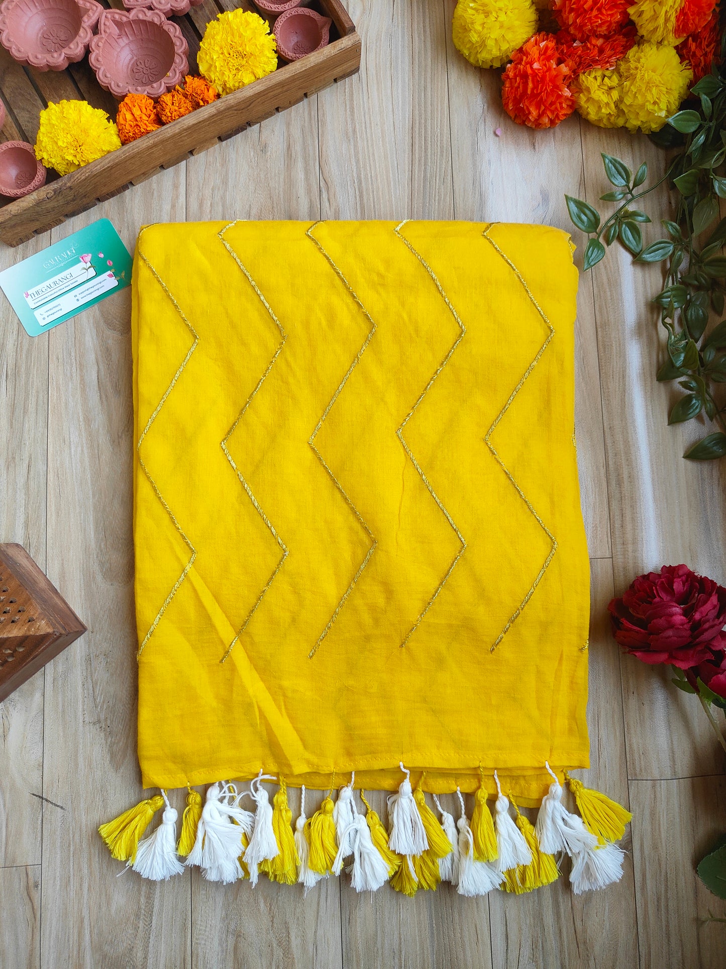 YELLOW ZIG ZAG MUL COTTON SAREE