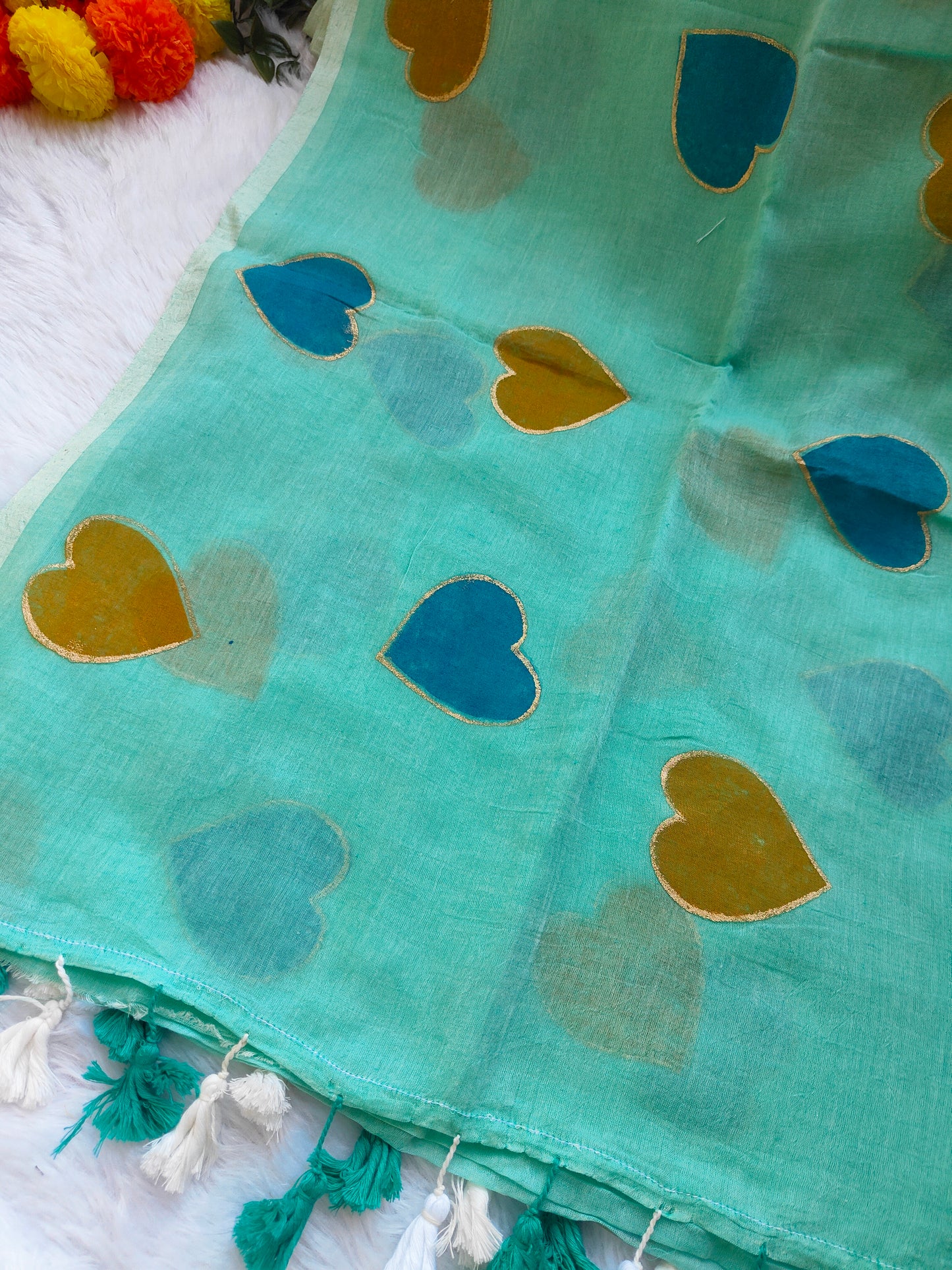 TORQUOISE HEART MUL COTTON SAREE