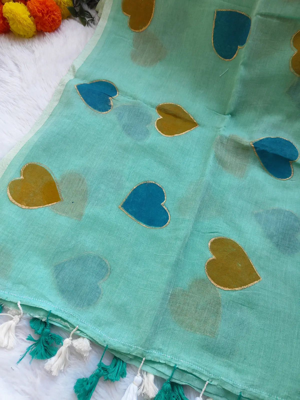 TORQUOISE HEART MUL COTTON SAREE