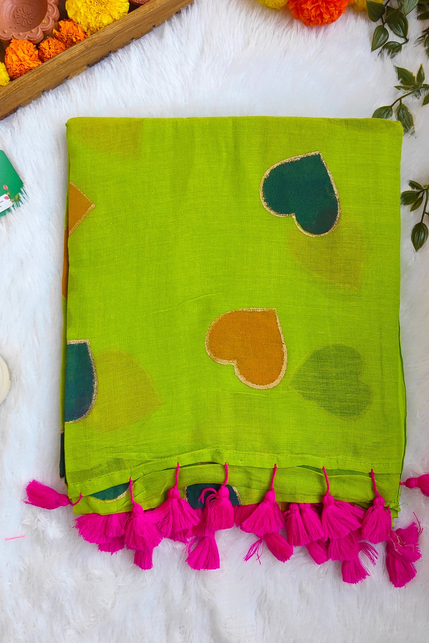 PARROT GREEN HEART MUL COTTON SAREE