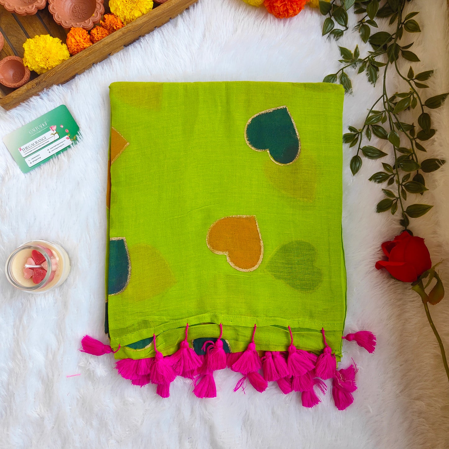 PARROT GREEN HEART MUL COTTON SAREE