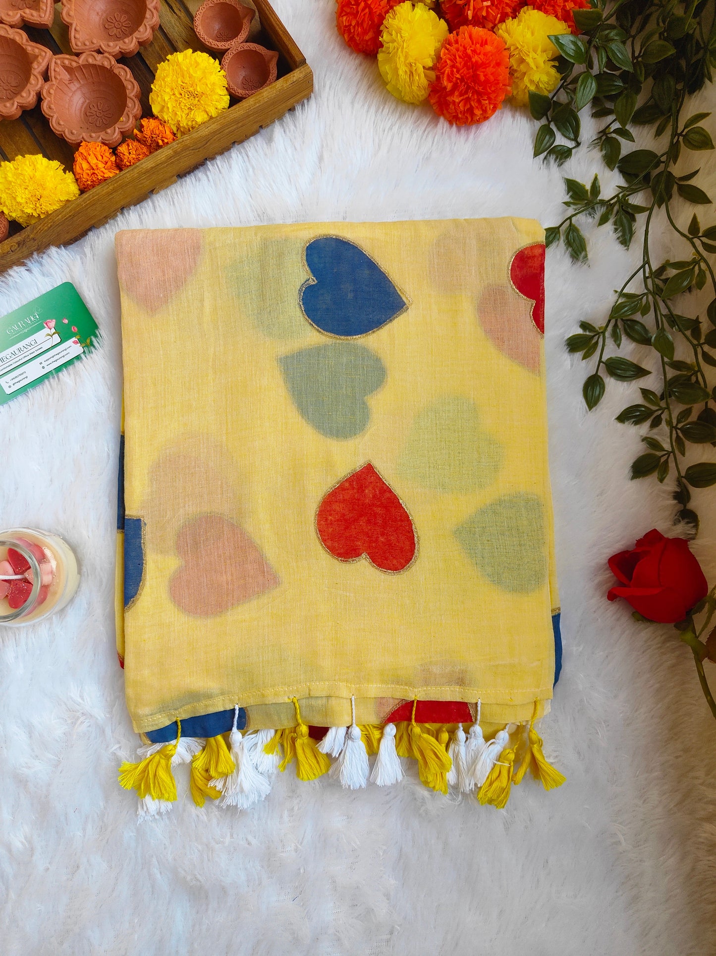 PASTAL YELLOW HEART MUL COTTON SAREE