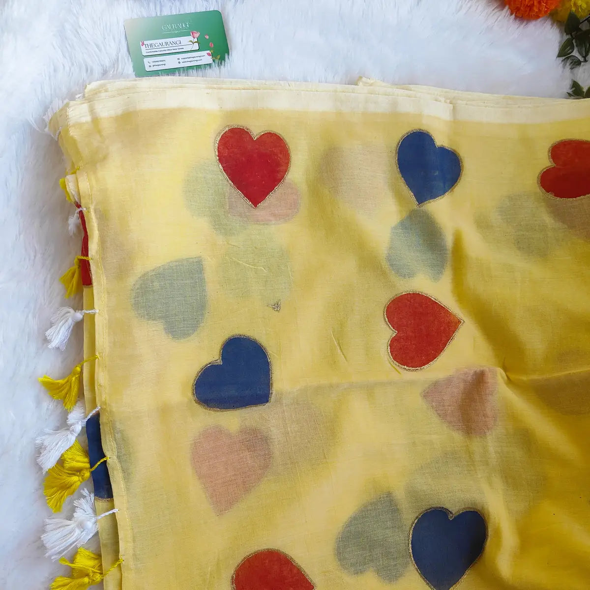 PASTAL YELLOW HEART MUL COTTON SAREE