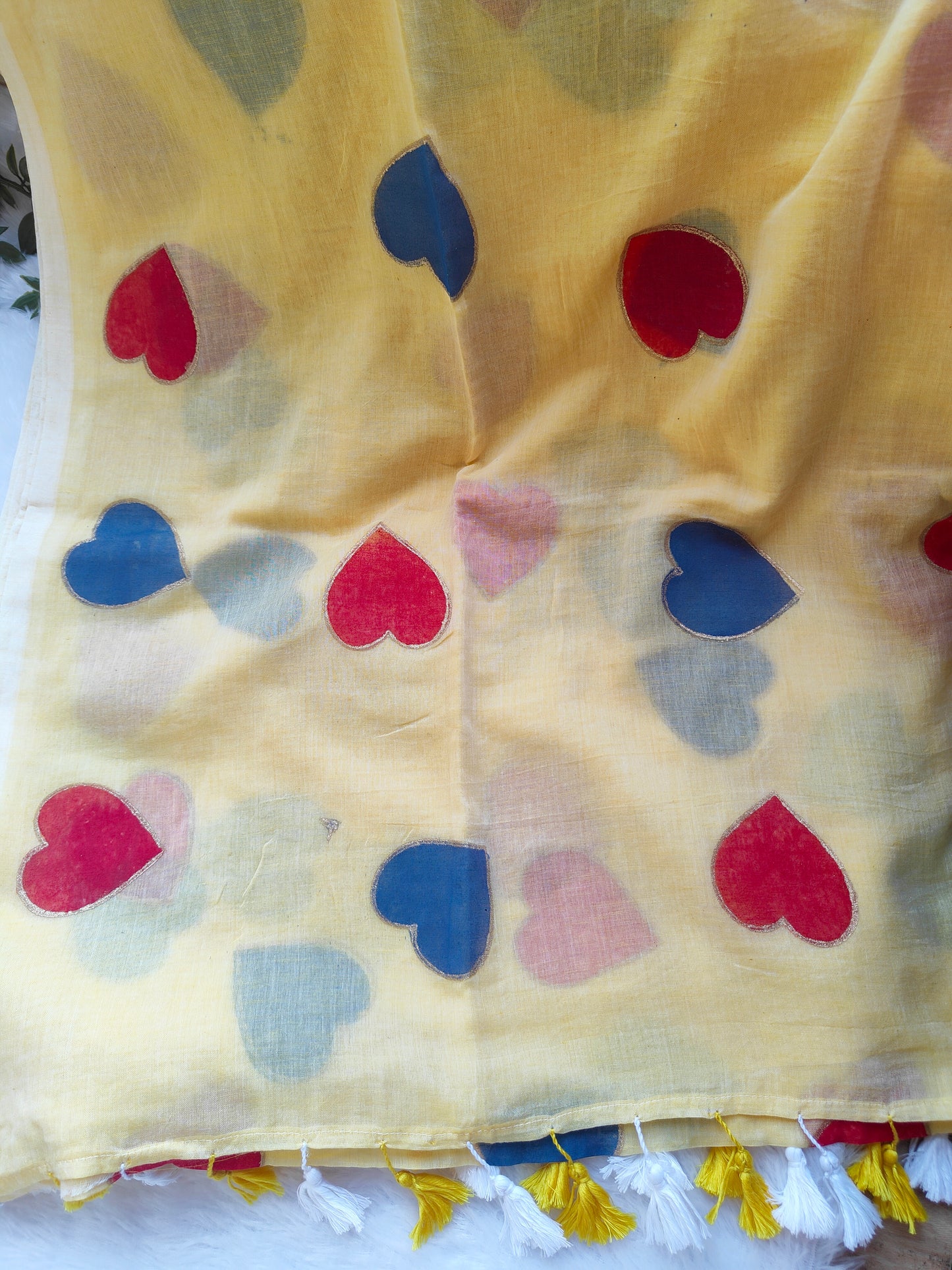 PASTAL YELLOW HEART MUL COTTON SAREE