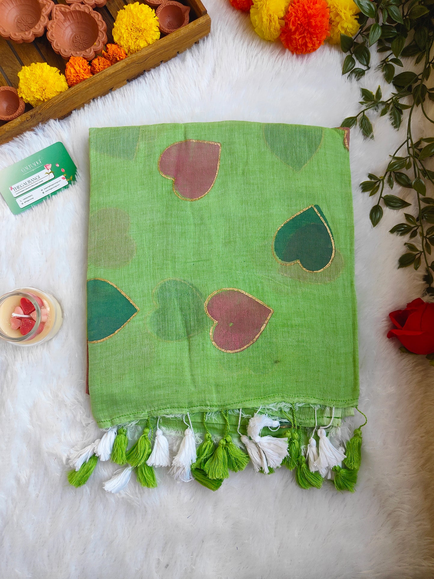 PISTA GREEN HEART MUL COTTON SAREE