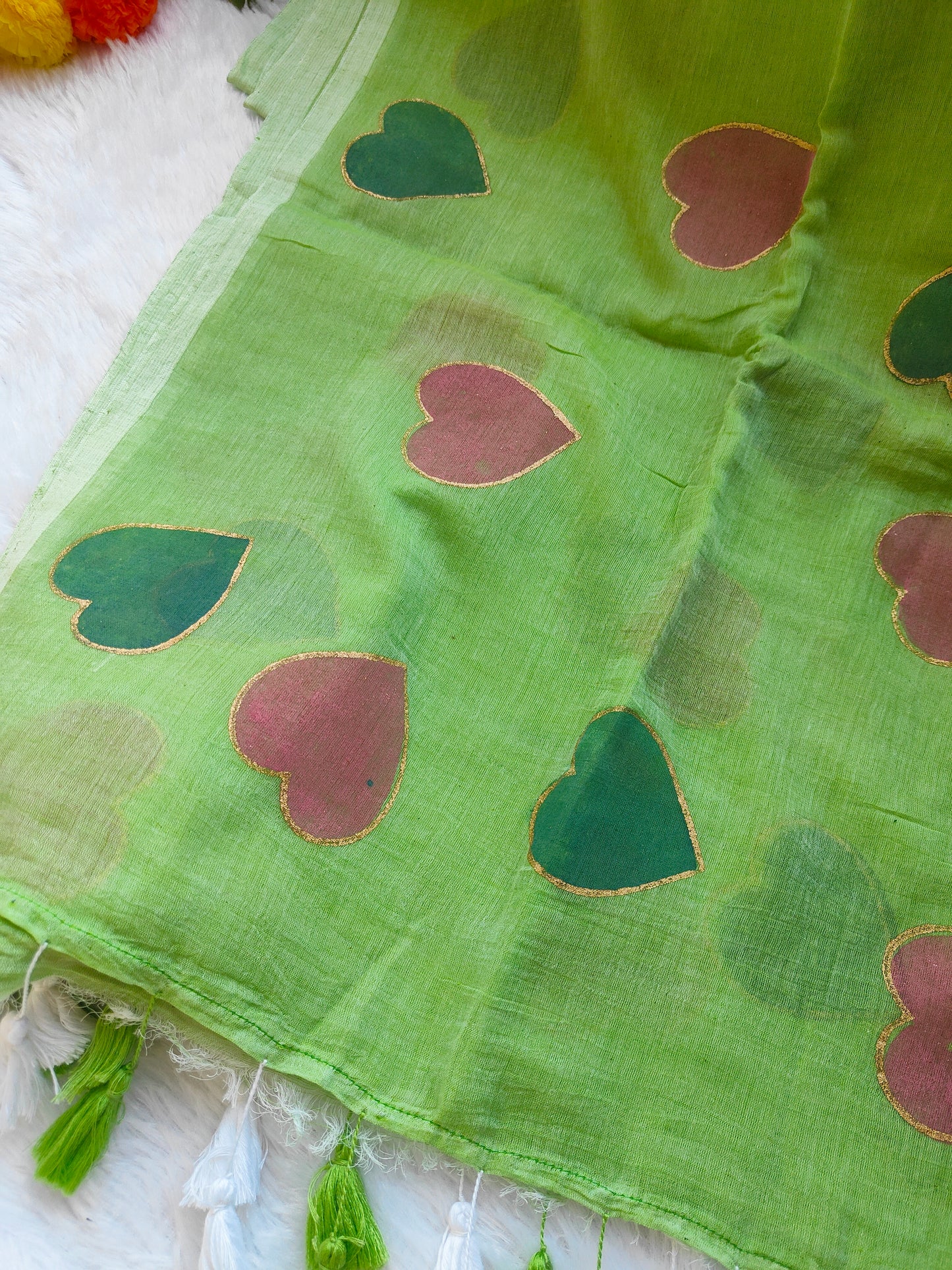 PISTA GREEN HEART MUL COTTON SAREE